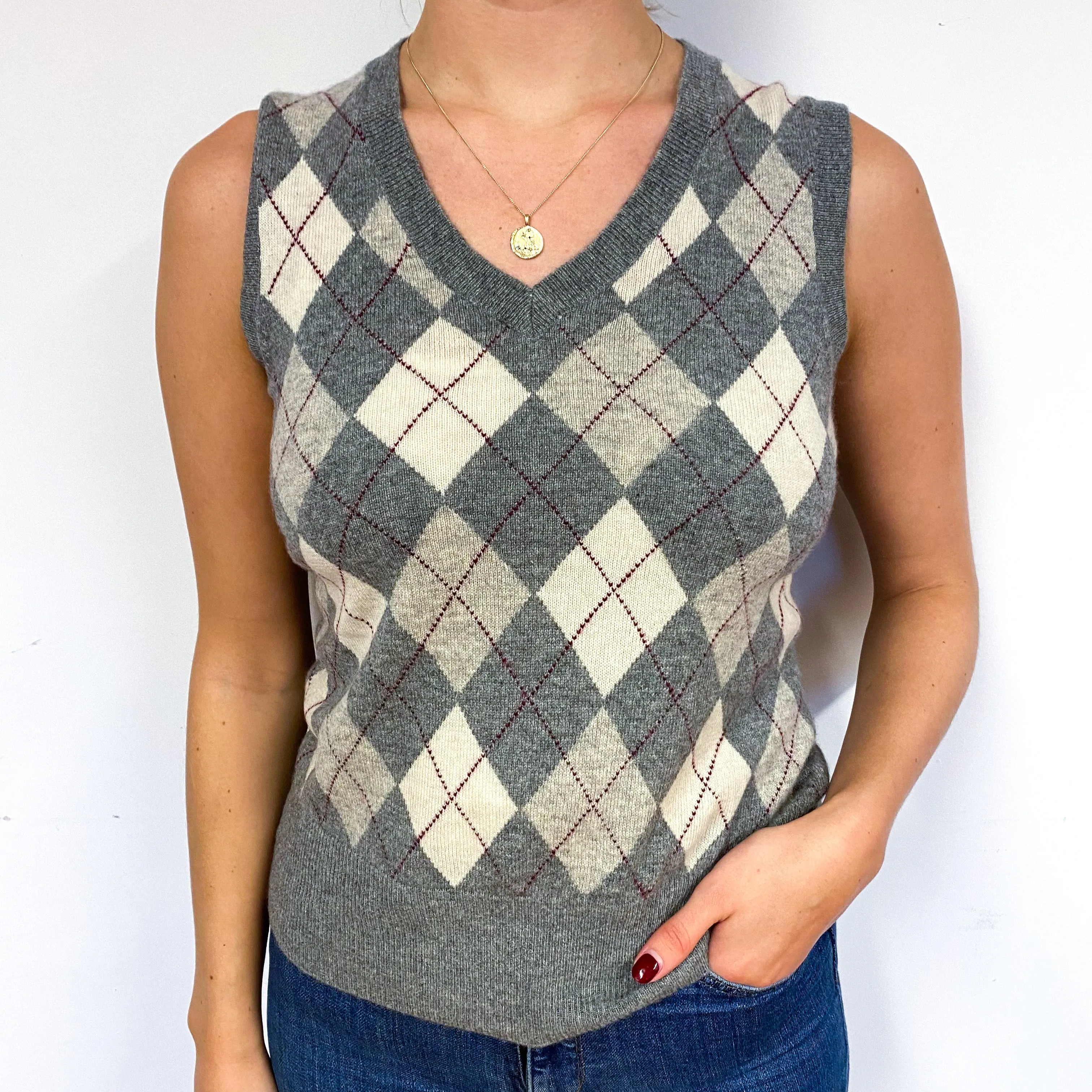 Grey Argyle Cashmere V-Neck Tank Top Small