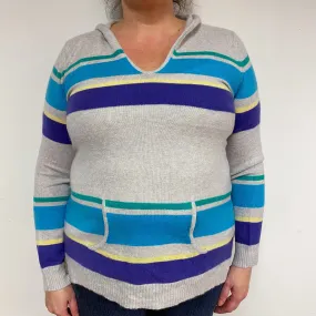 Grey Blue Stripe Cashmere Hoodie Jumper Extra Large