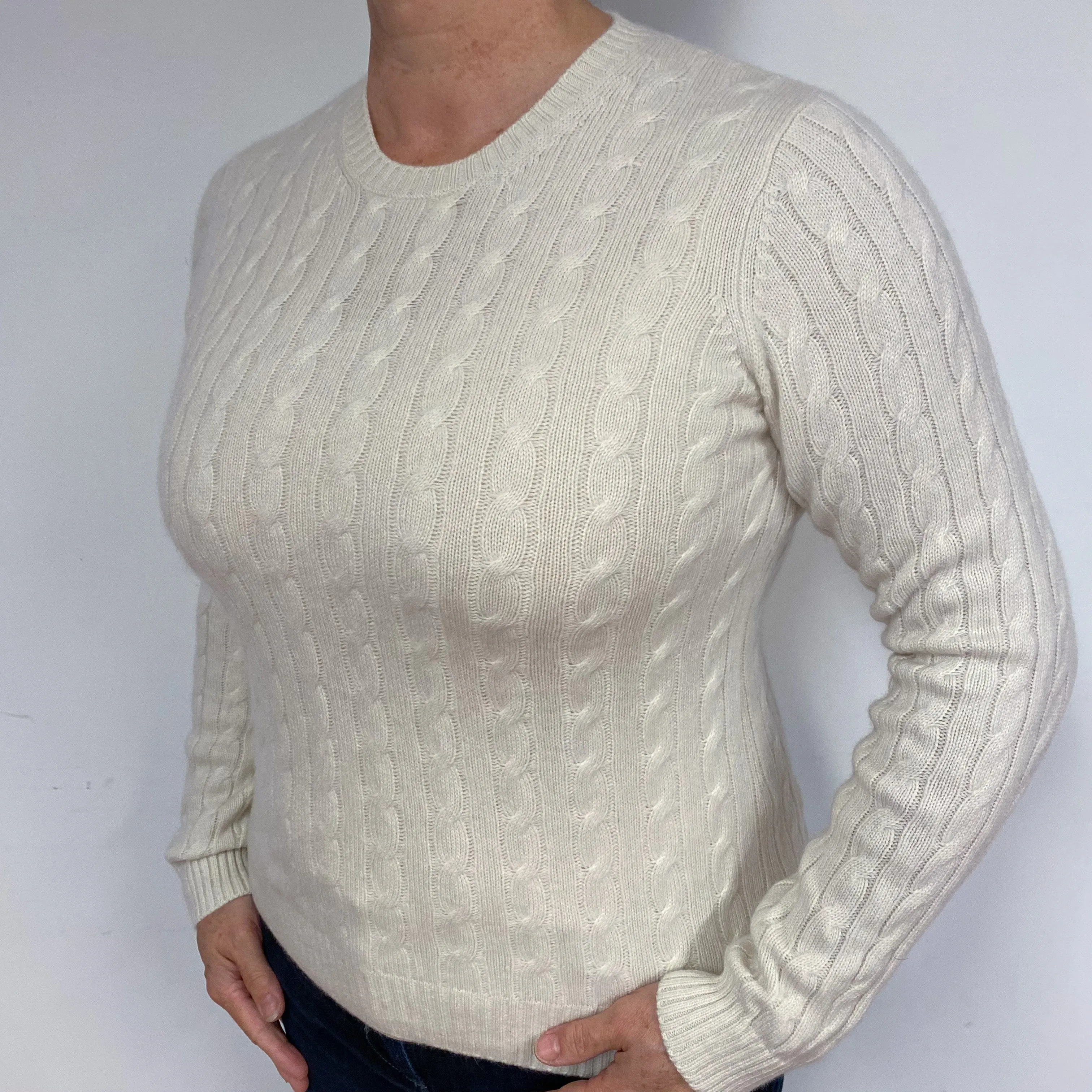 Ivory Cable Cashmere Crew Neck Jumper Large