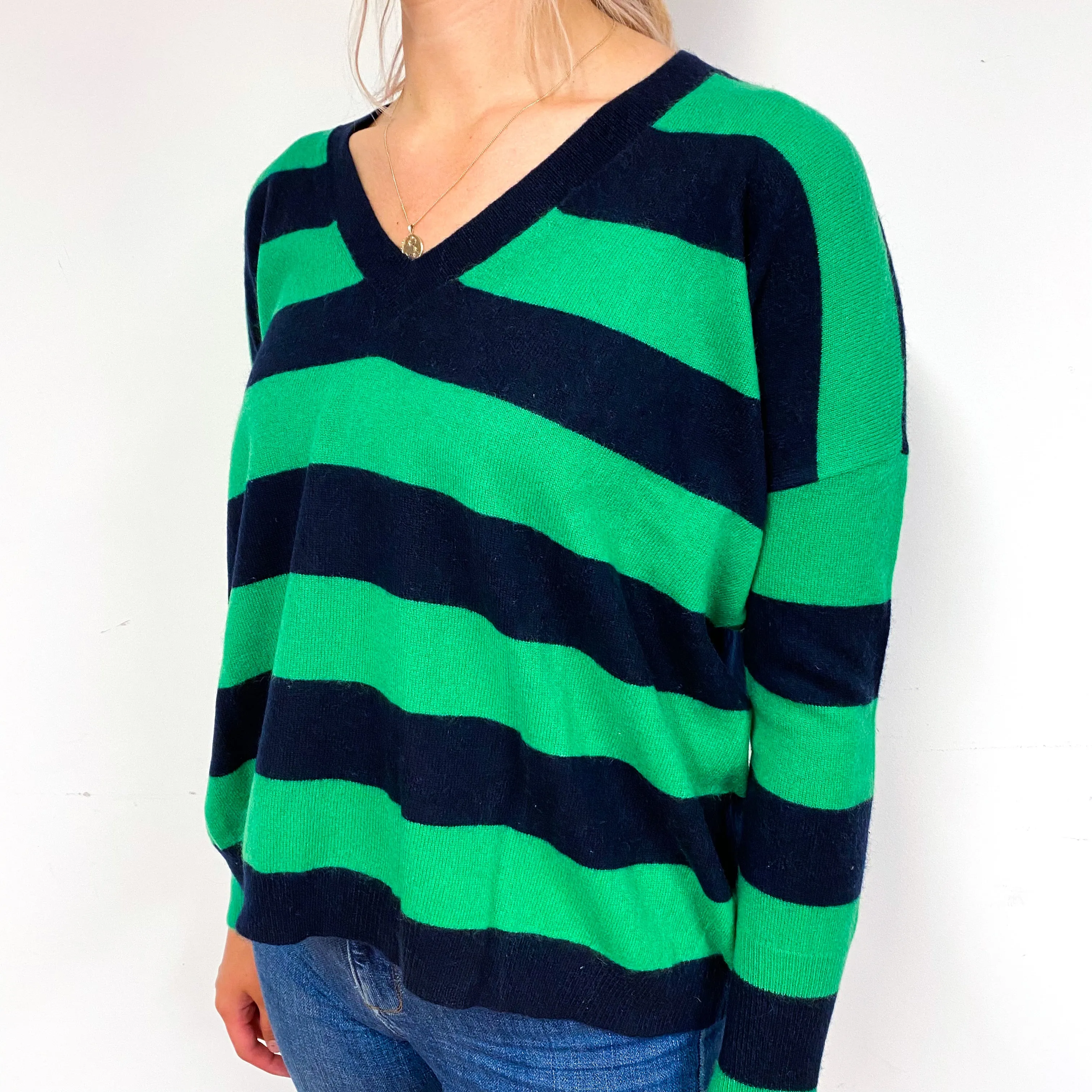 Jade Green Navy Stripe Cashmere V-Neck Jumper Small