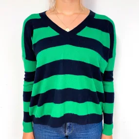 Jade Green Navy Stripe Cashmere V-Neck Jumper Small