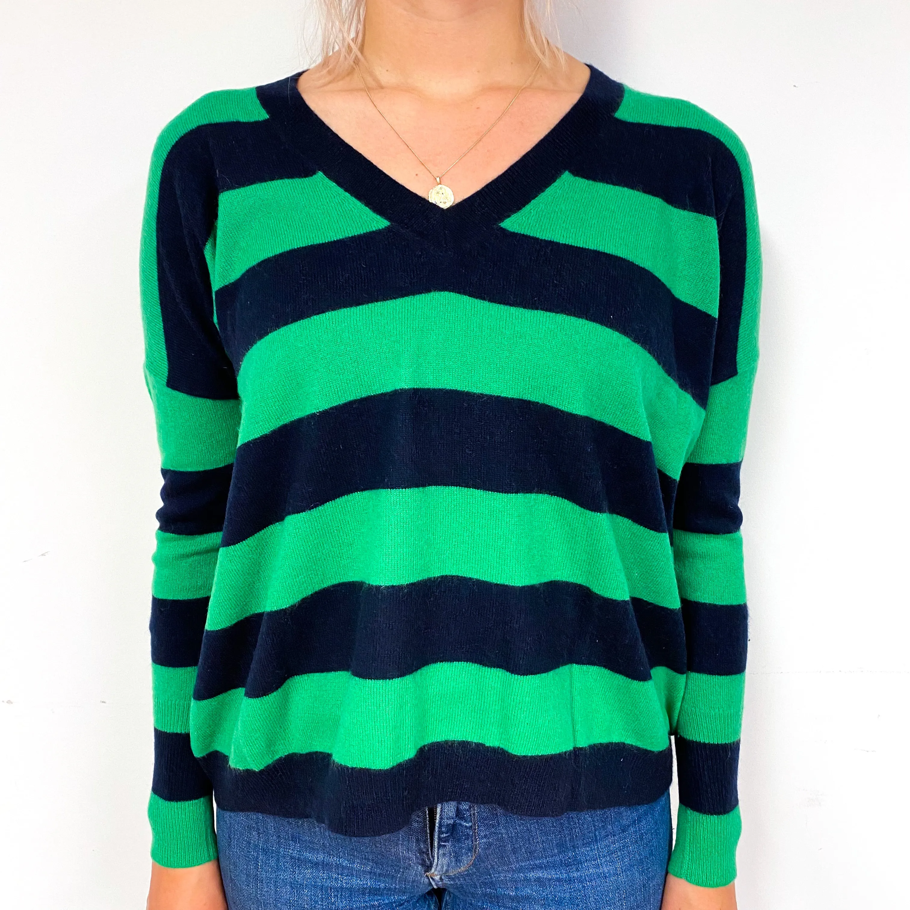 Jade Green Navy Stripe Cashmere V-Neck Jumper Small