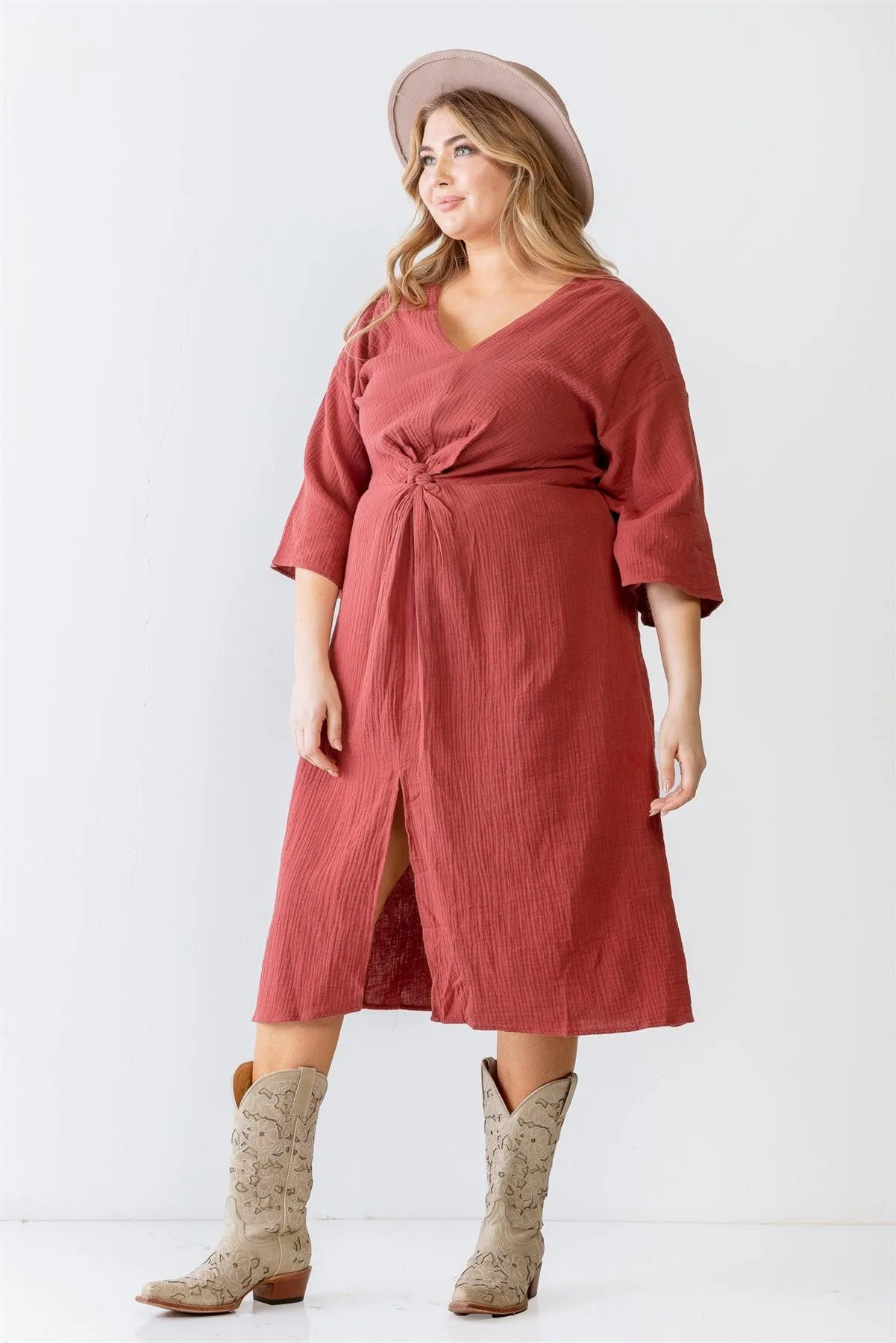 Junior Plus Textured Cotton Wrap Detail Midi Dress