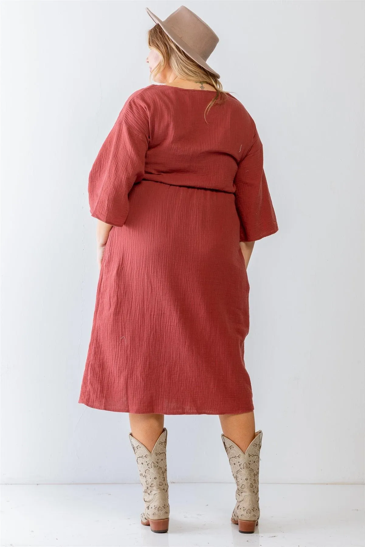 Junior Plus Textured Cotton Wrap Detail Midi Dress