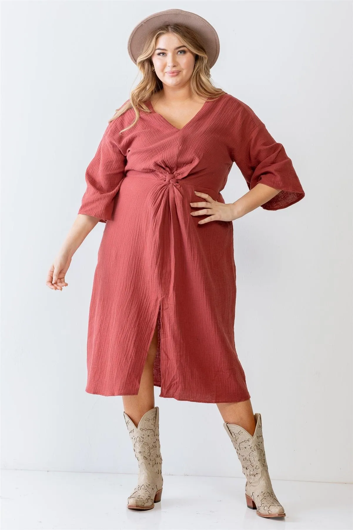 Junior Plus Textured Cotton Wrap Detail Midi Dress