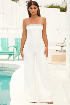Just Bandeau Of Us Embellished Wide Leg Jumpsuit in White