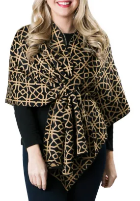 KATIE KNIT KEYHOLE WRAP - Black and Camel Geometric