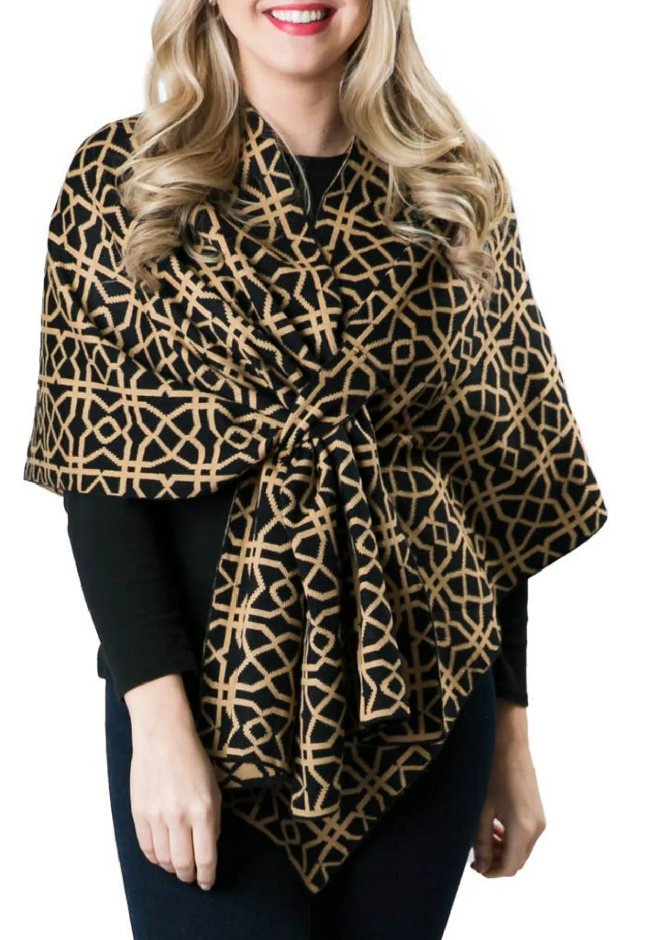 KATIE KNIT KEYHOLE WRAP - Black and Camel Geometric