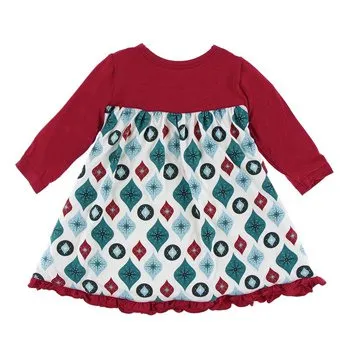 KicKee Pants Holiday Classic Print Long Sleeve Swing Dress in Natural Vintage Ornaments