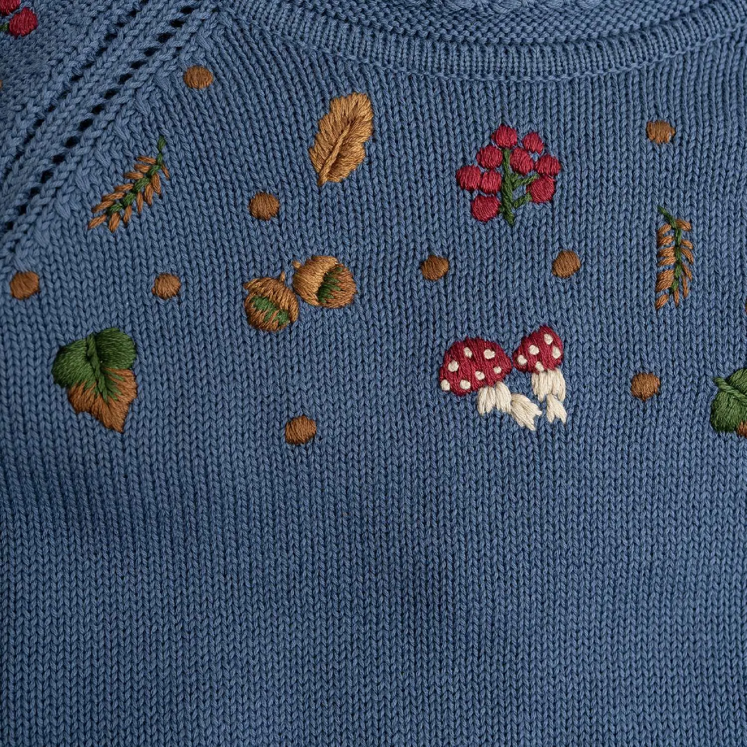Knitted Jumper - Embroidered Mushrooms - Moonlight Blue