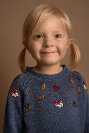 Knitted Jumper - Embroidered Mushrooms - Moonlight Blue