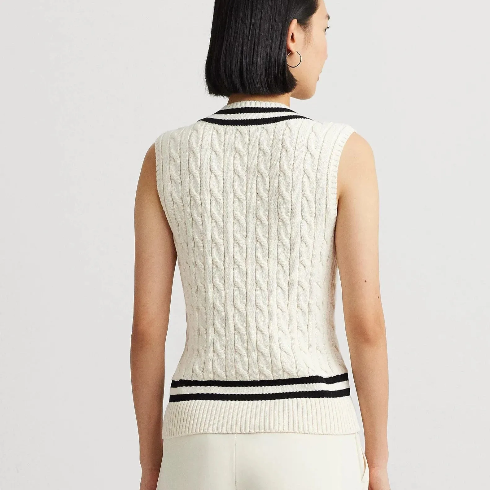 Lauren Ralph Lauren Cable-Knit Cotton Sleeveless Jumper in Mascarpone Cream/Black