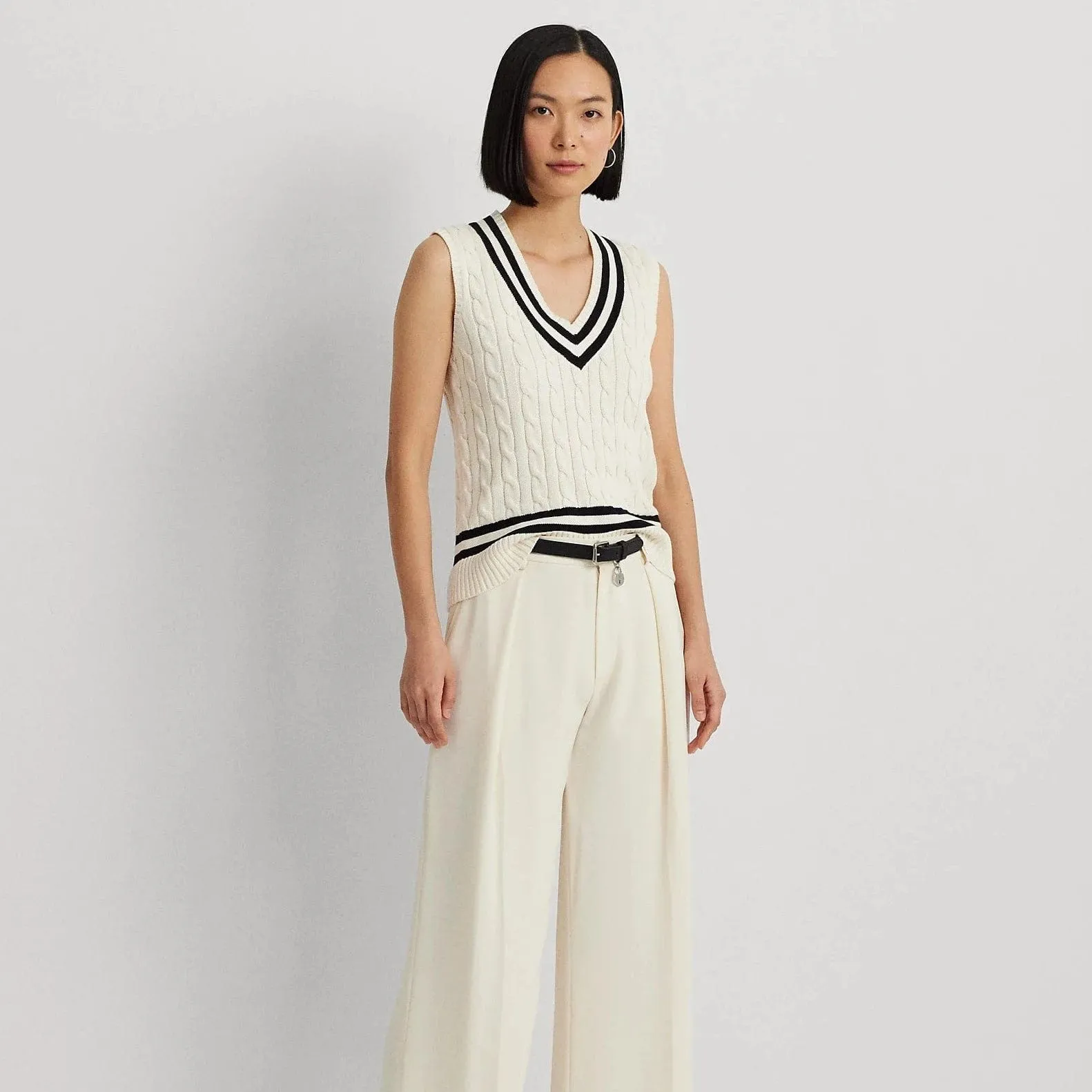 Lauren Ralph Lauren Cable-Knit Cotton Sleeveless Jumper in Mascarpone Cream/Black
