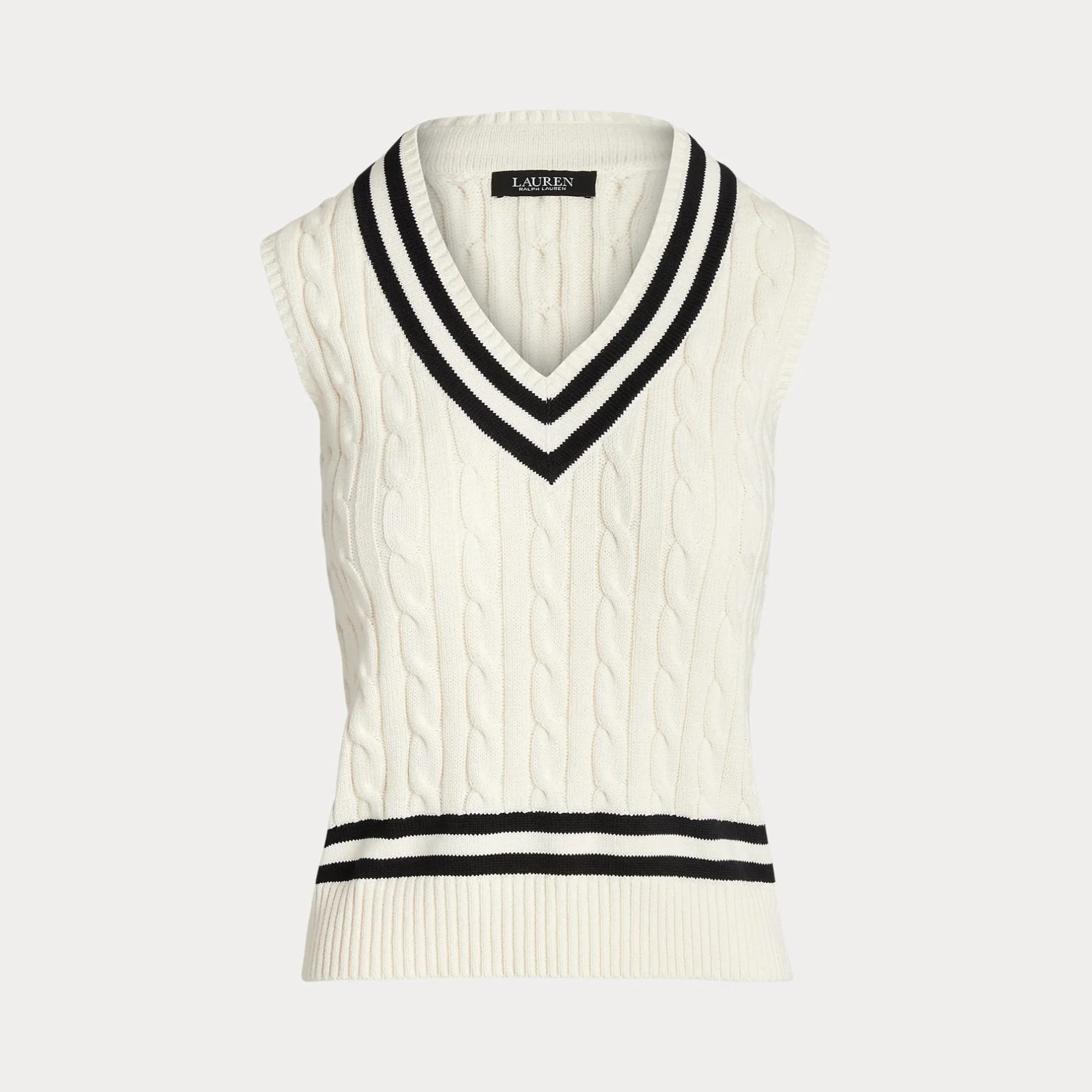 Lauren Ralph Lauren Cable-Knit Cotton Sleeveless Jumper in Mascarpone Cream/Black
