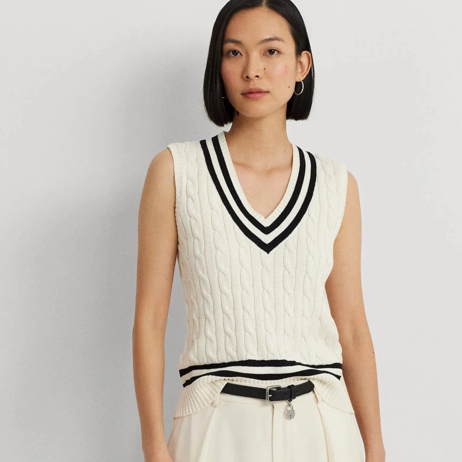 Lauren Ralph Lauren Cable-Knit Cotton Sleeveless Jumper in Mascarpone Cream/Black