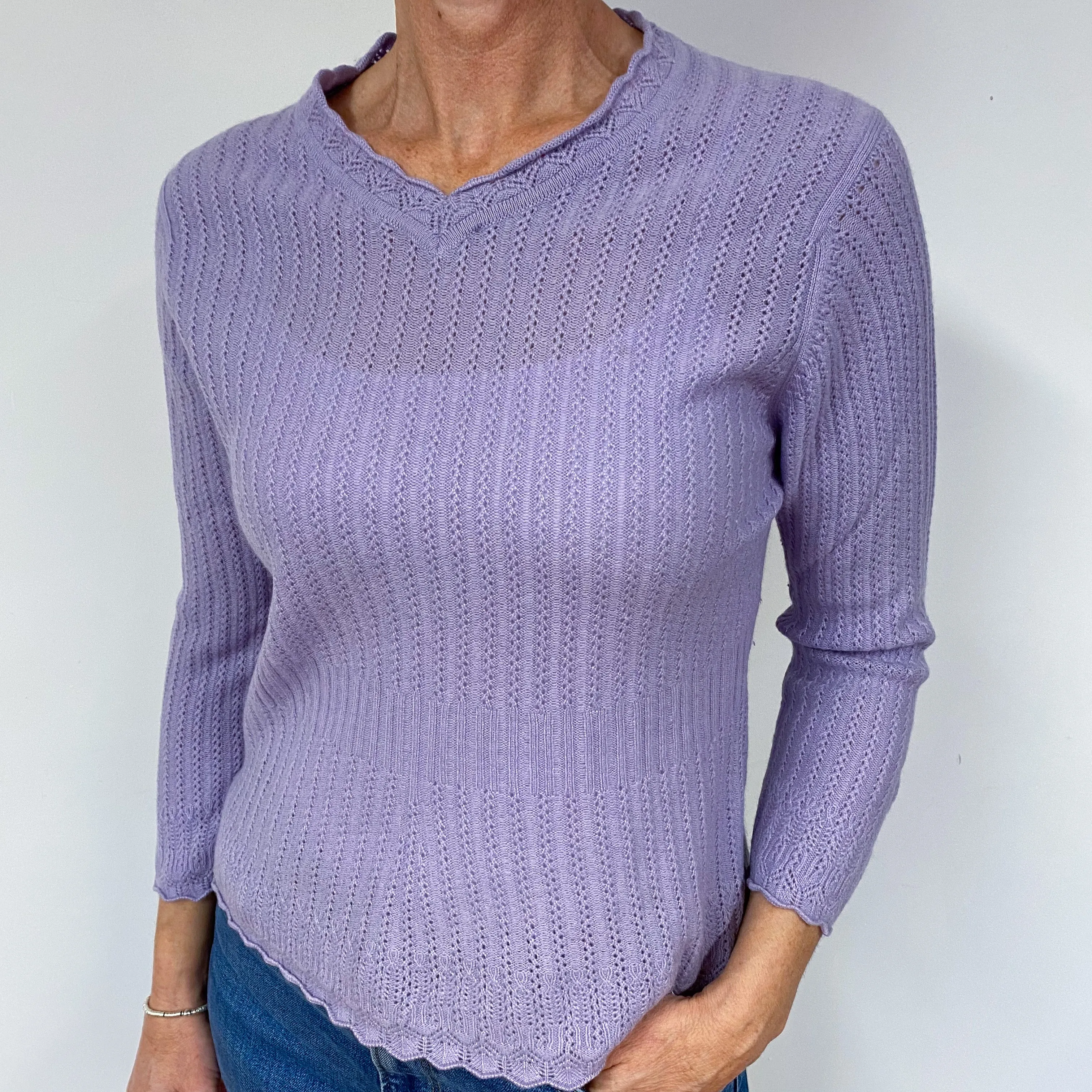 Lavender Purple Lace Cashmere V-Neck Jumper Medium