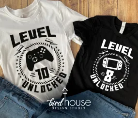 Level Unlocked, Gamer Birthday Video Game Shirt, Cute Shirt, Personalized Any Age or Color