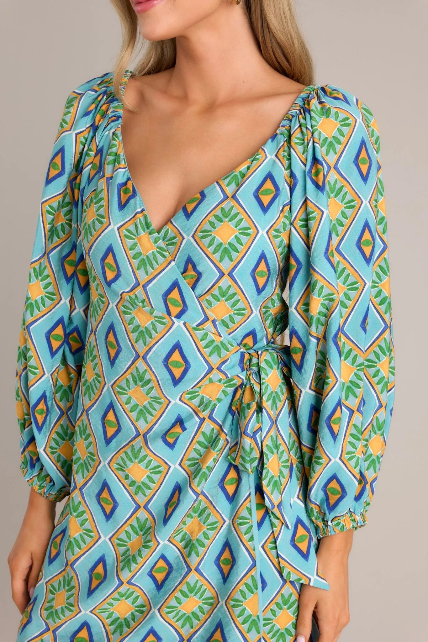 Life's Gifts Turquoise Multi Print Mini Wrap Dress