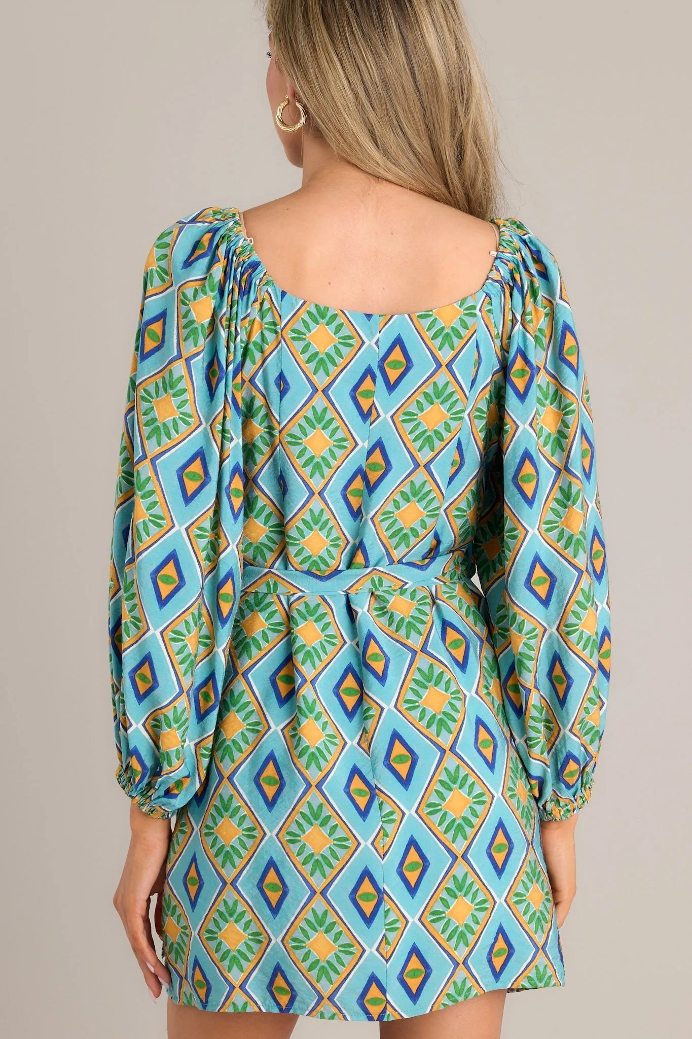 Life's Gifts Turquoise Multi Print Mini Wrap Dress