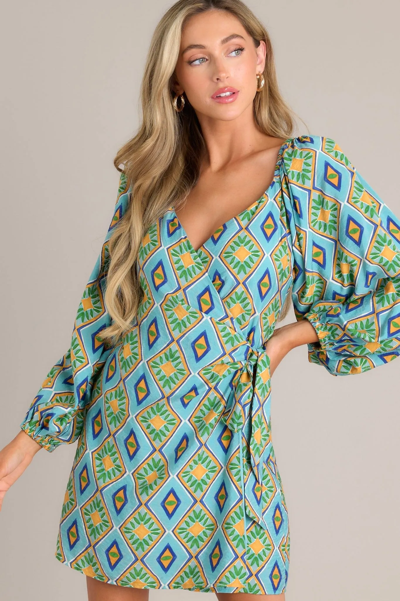 Life's Gifts Turquoise Multi Print Mini Wrap Dress