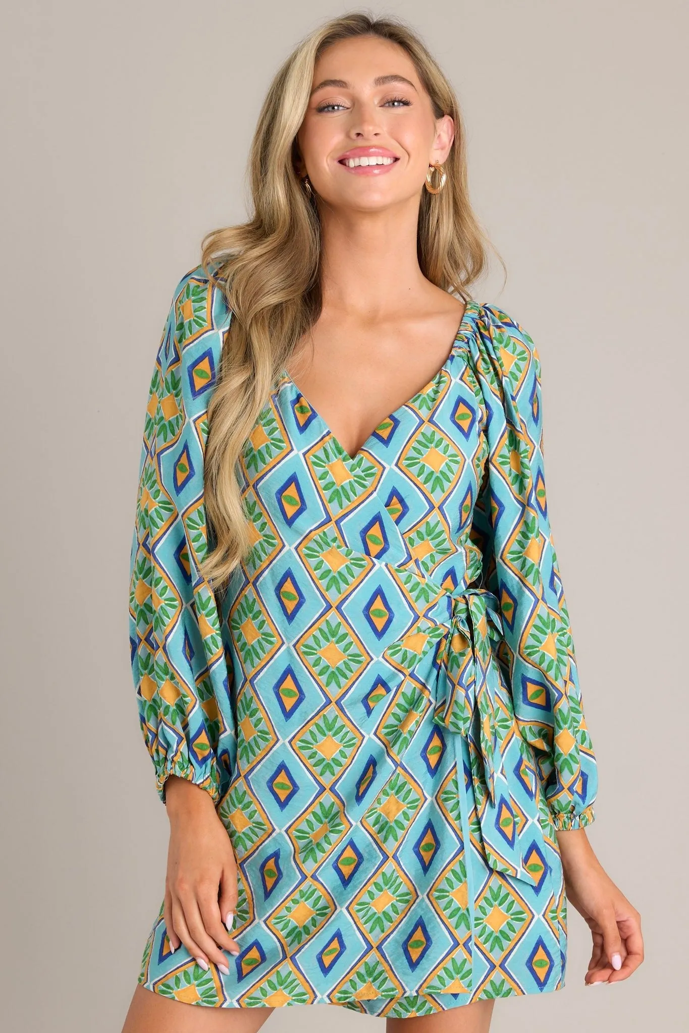 Life's Gifts Turquoise Multi Print Mini Wrap Dress