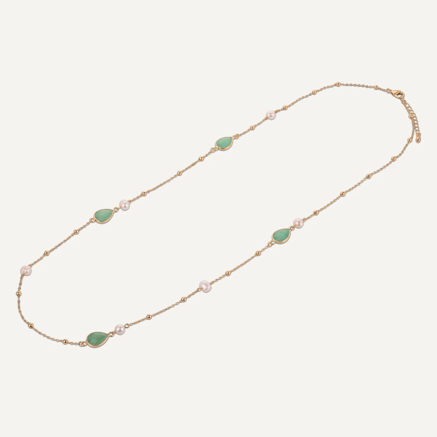 Long Chrysoprase & Pearl Crystal Stone Necklace In Gold-Tone