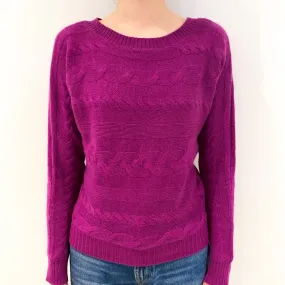 Magenta Pink Cable Knit Batwing Cashmere Crew Neck Jumper Extra Small