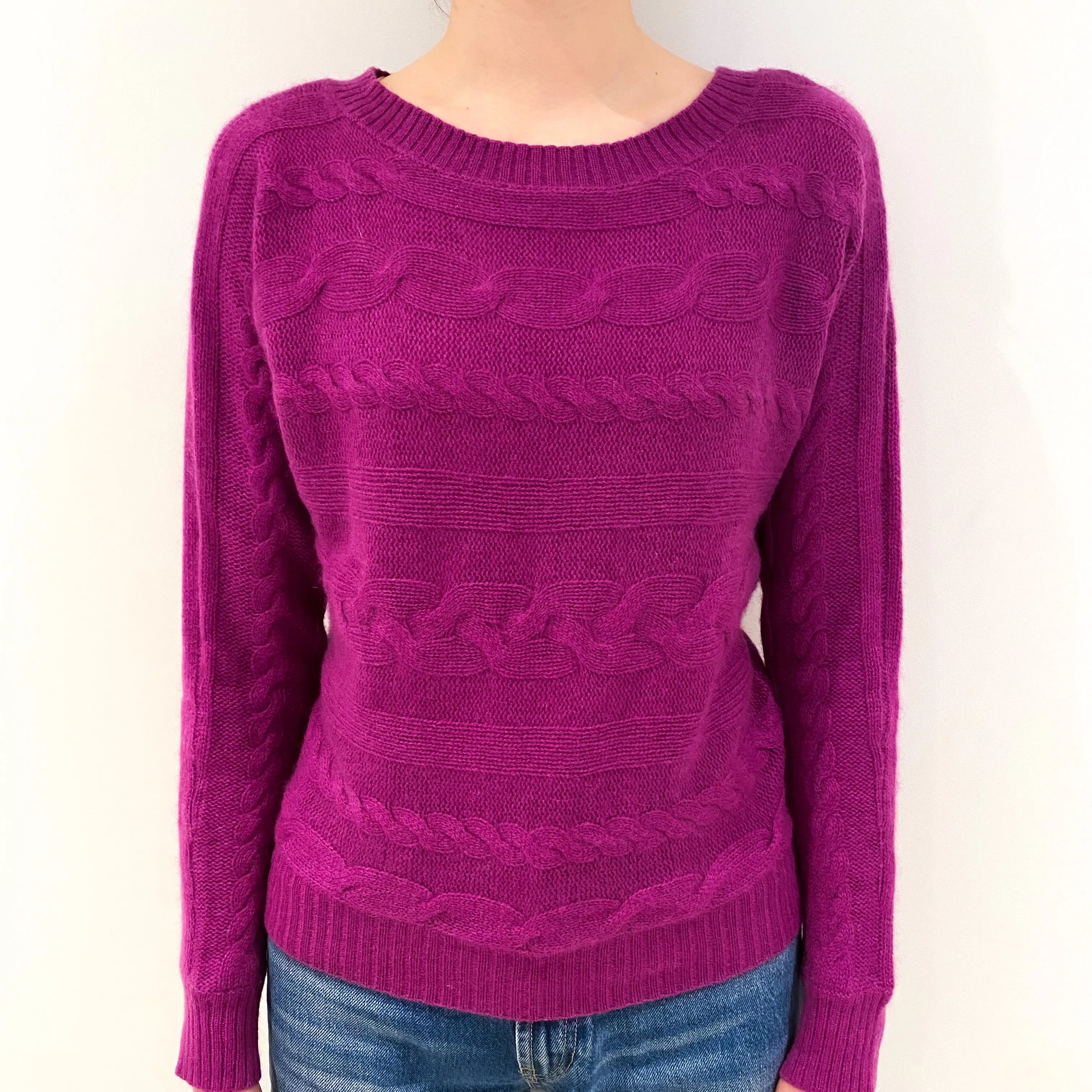 Magenta Pink Cable Knit Batwing Cashmere Crew Neck Jumper Extra Small
