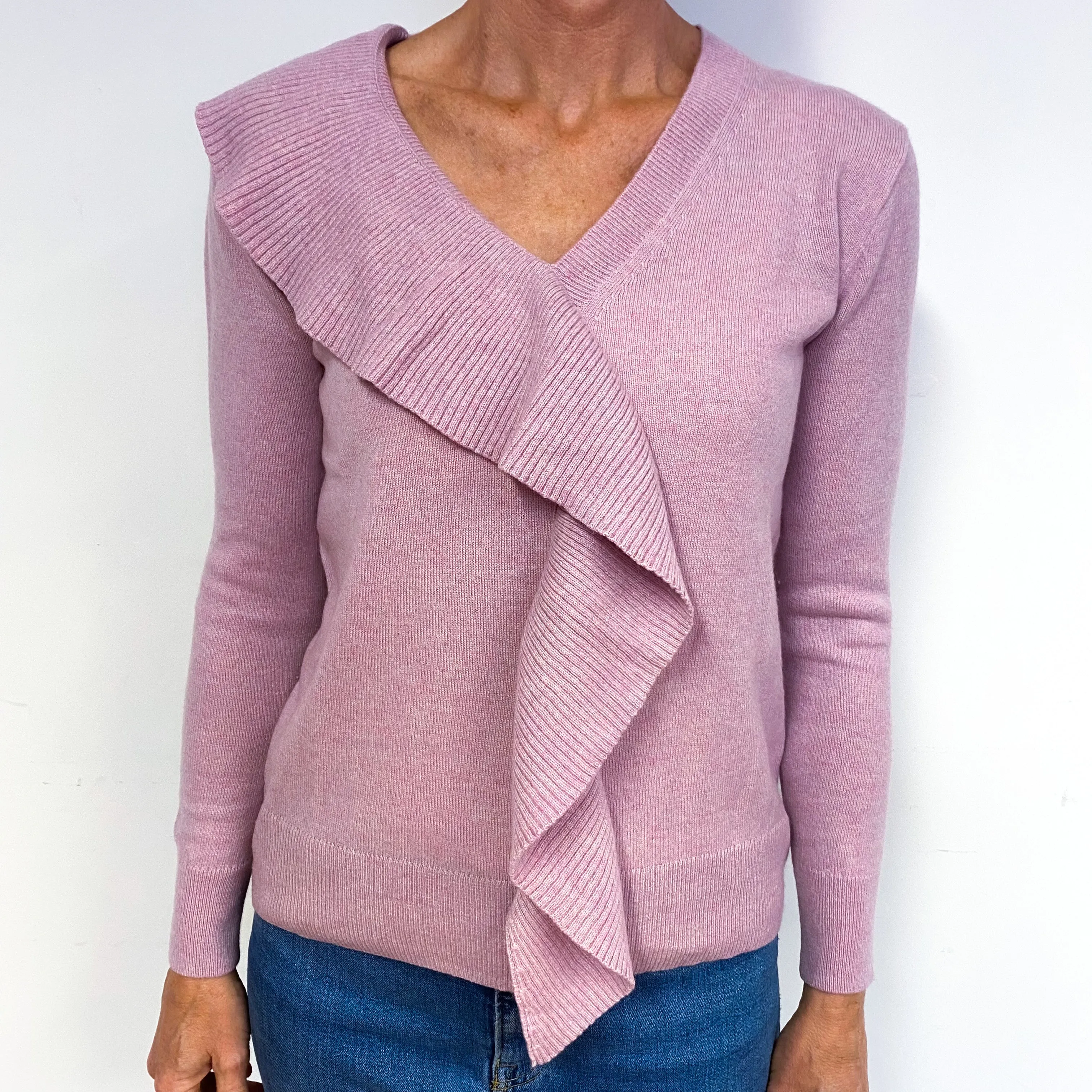 Mauve Pink Ruffle Cashmere V-Neck Jumper Medium
