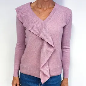 Mauve Pink Ruffle Cashmere V-Neck Jumper Medium