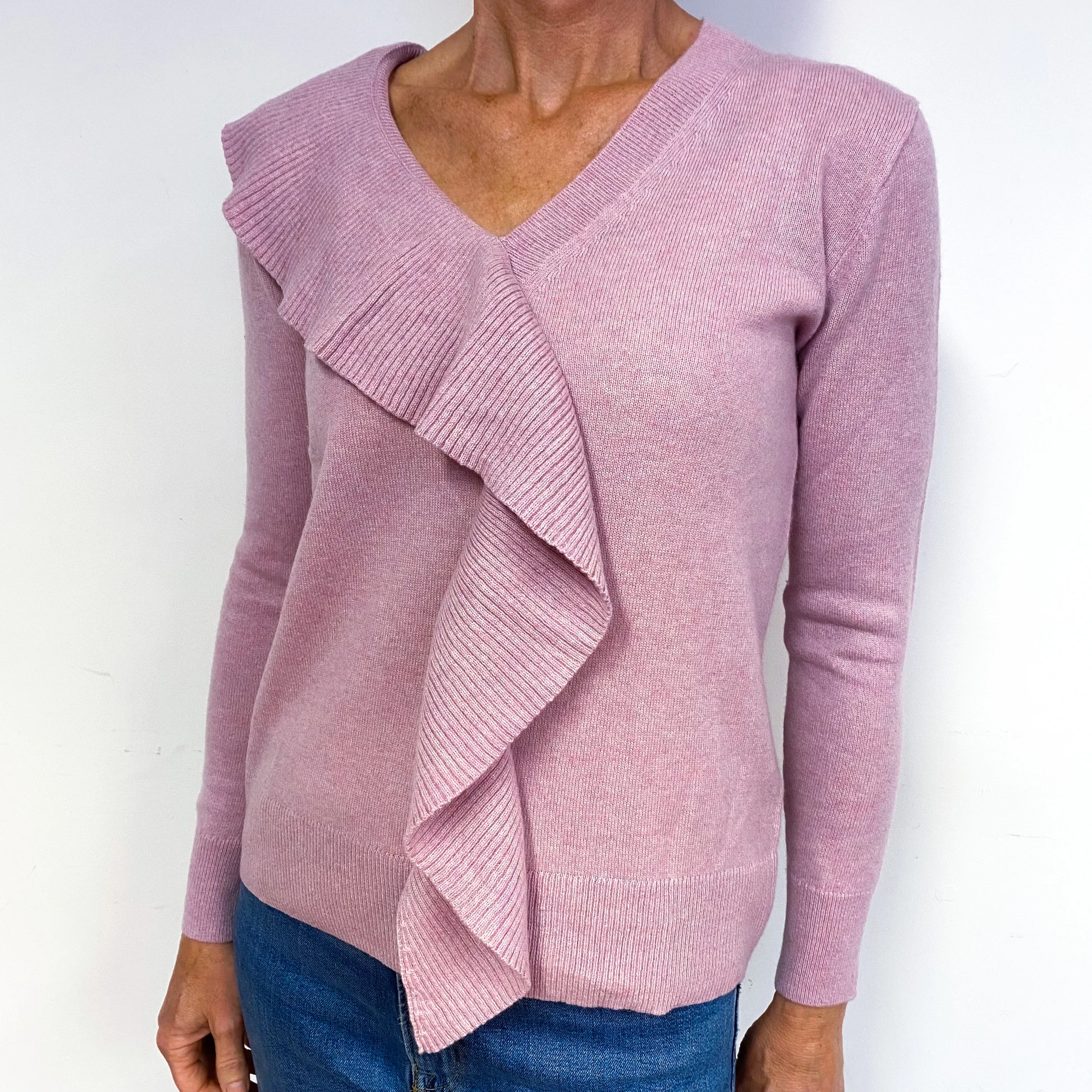 Mauve Pink Ruffle Cashmere V-Neck Jumper Medium