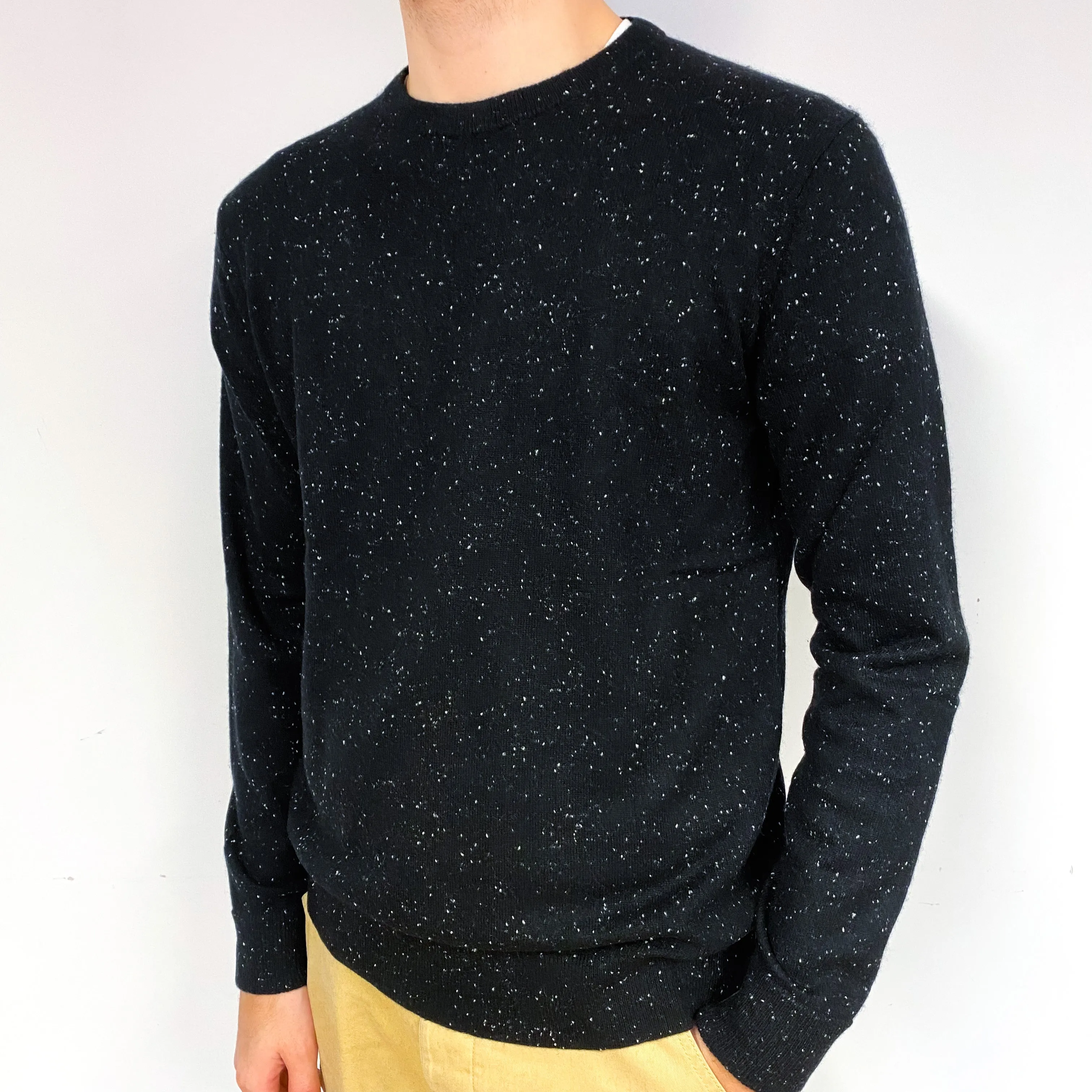 Men's Black Fleck Cashmere Crew Neck Jumper Large