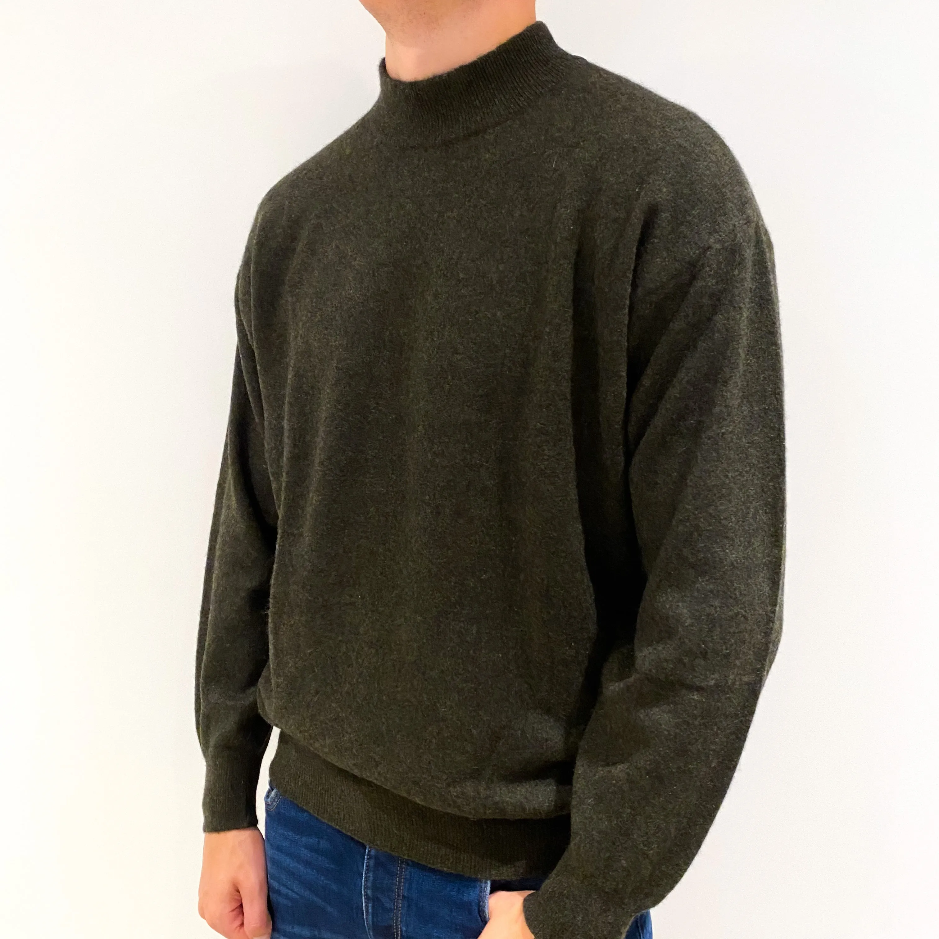 Men's Dark Moss Green Cashmere Turtle Neck Jumper Extra Large