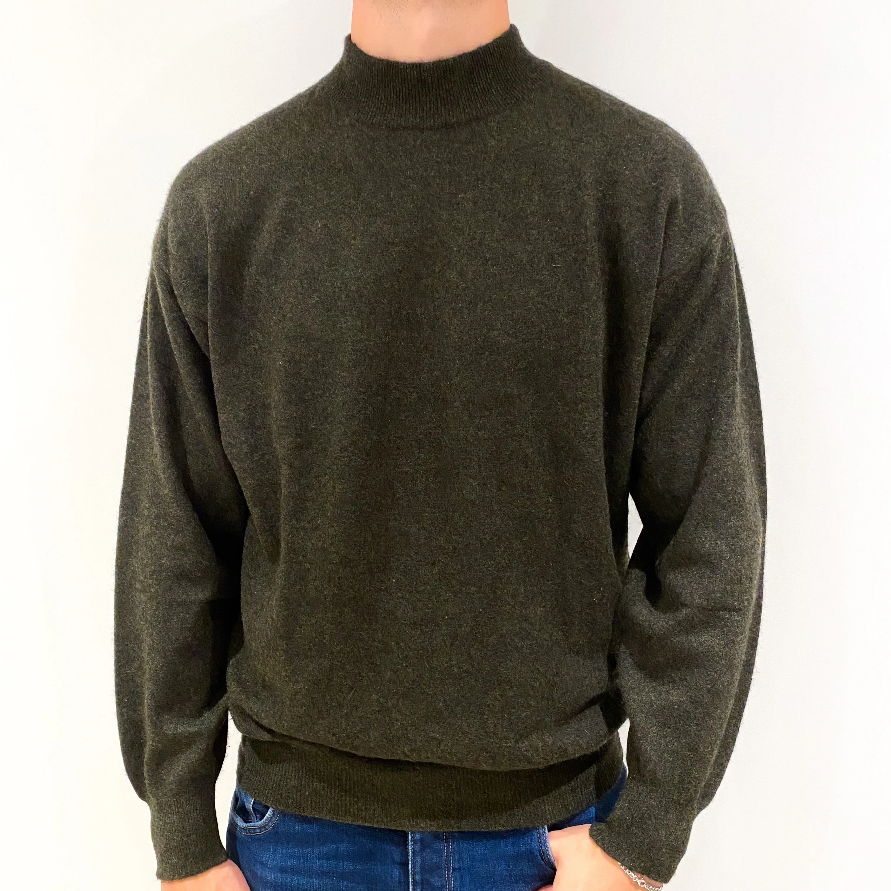 Men's Dark Moss Green Cashmere Turtle Neck Jumper Extra Large