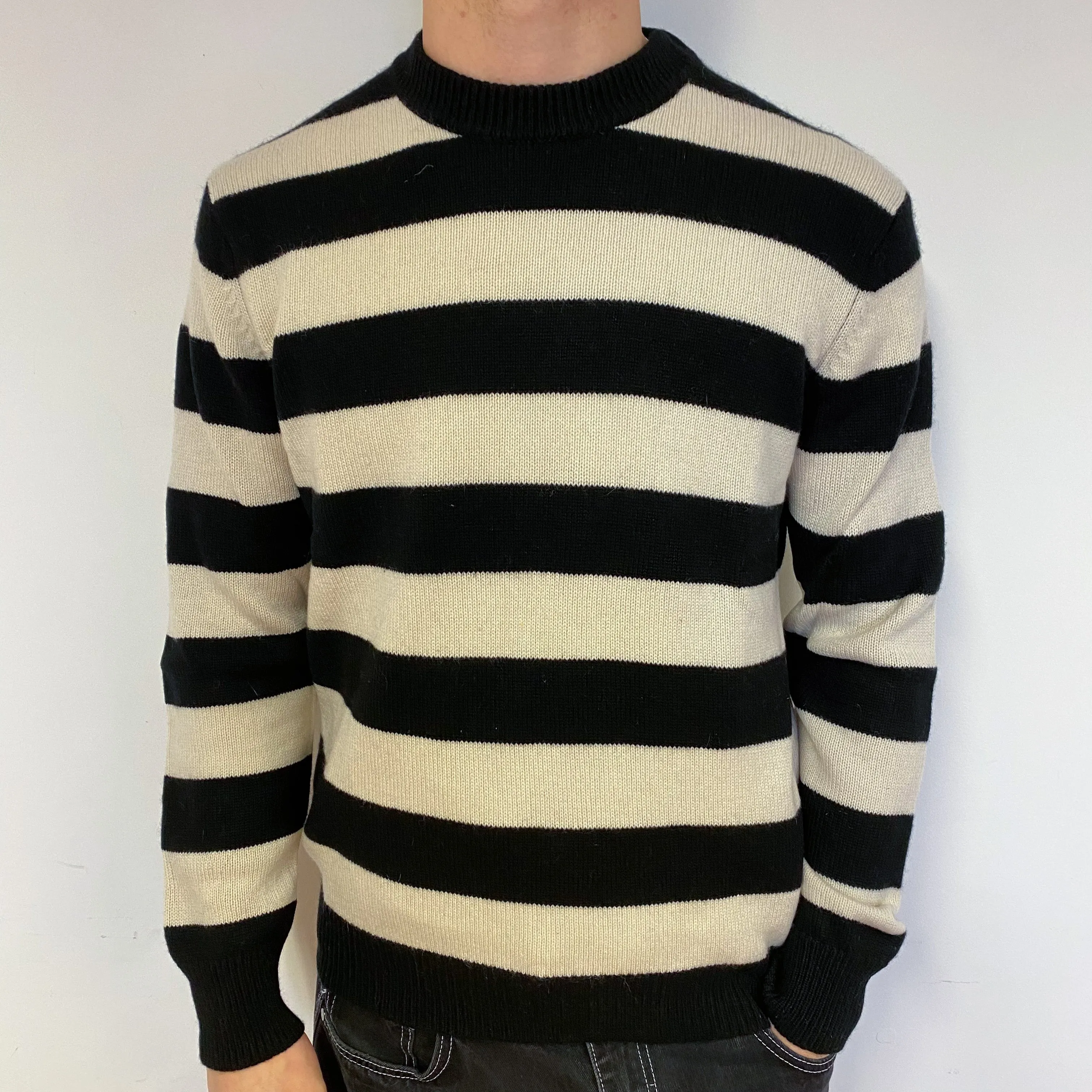 Men’s Designer Striped Cashmere Crew Neck Jumper Medium