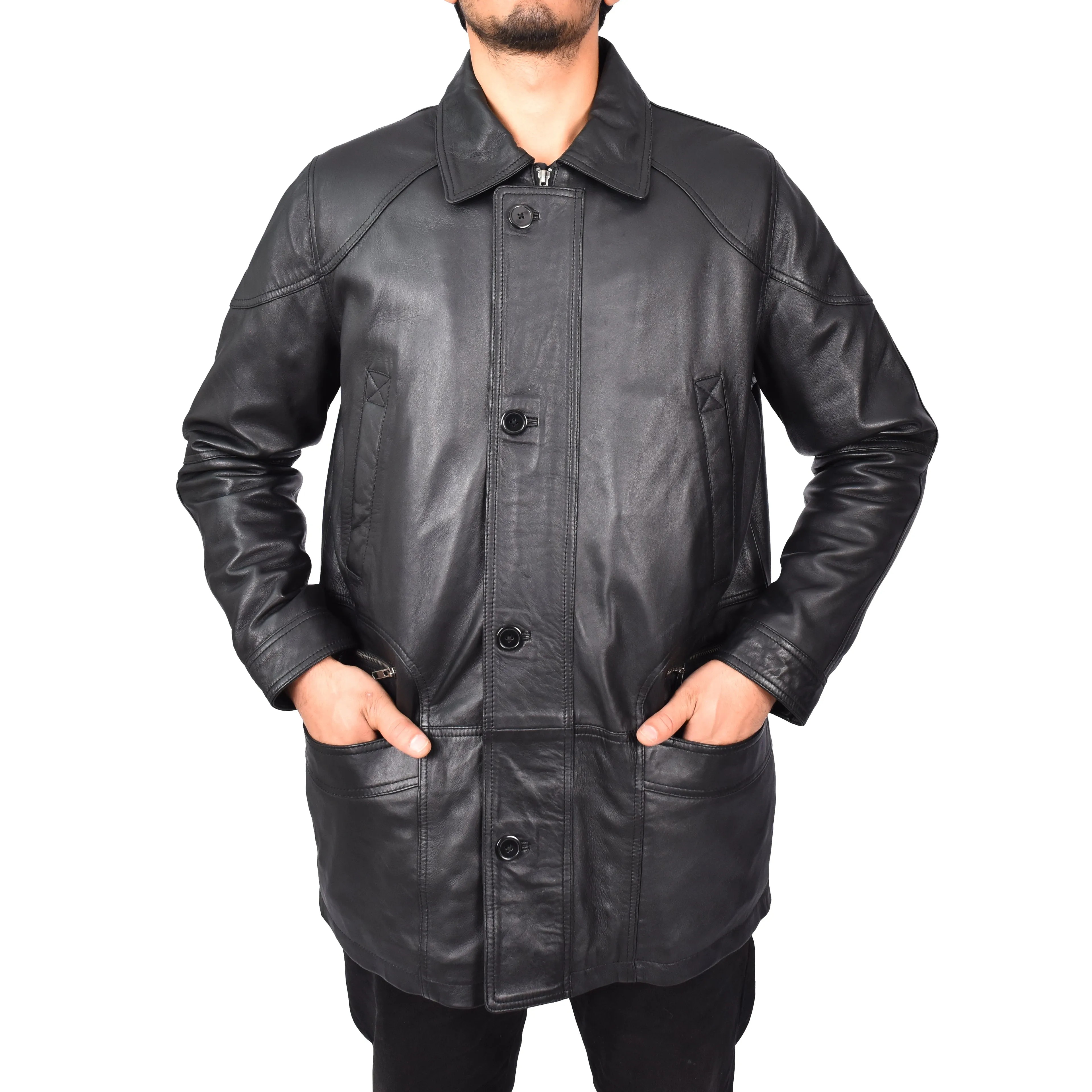 Men’s Genuine Leather Parka Overcoat Gents Car Coat Black Aric