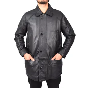 Men’s Genuine Leather Parka Overcoat Gents Car Coat Black Aric