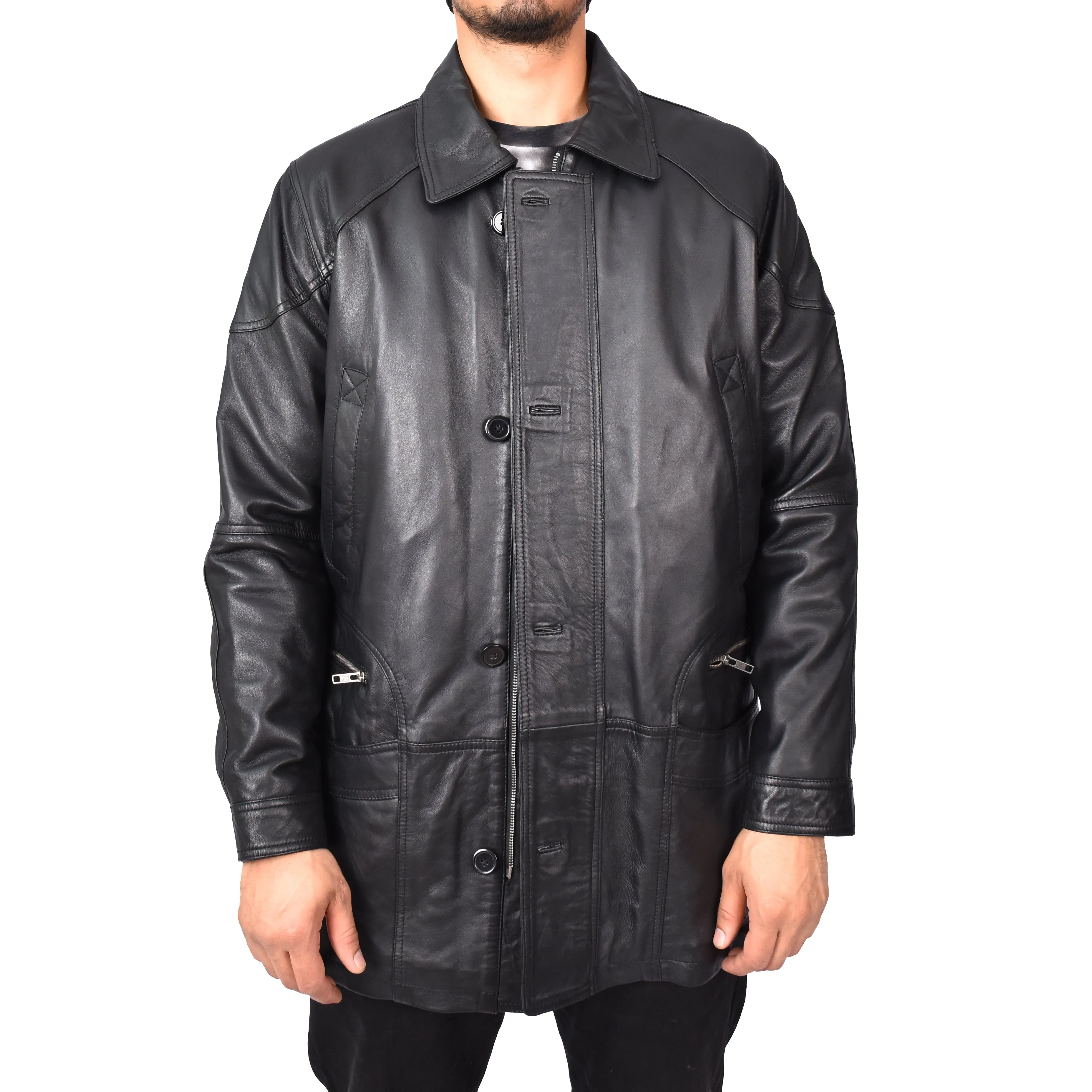 Men’s Genuine Leather Parka Overcoat Gents Car Coat Black Aric