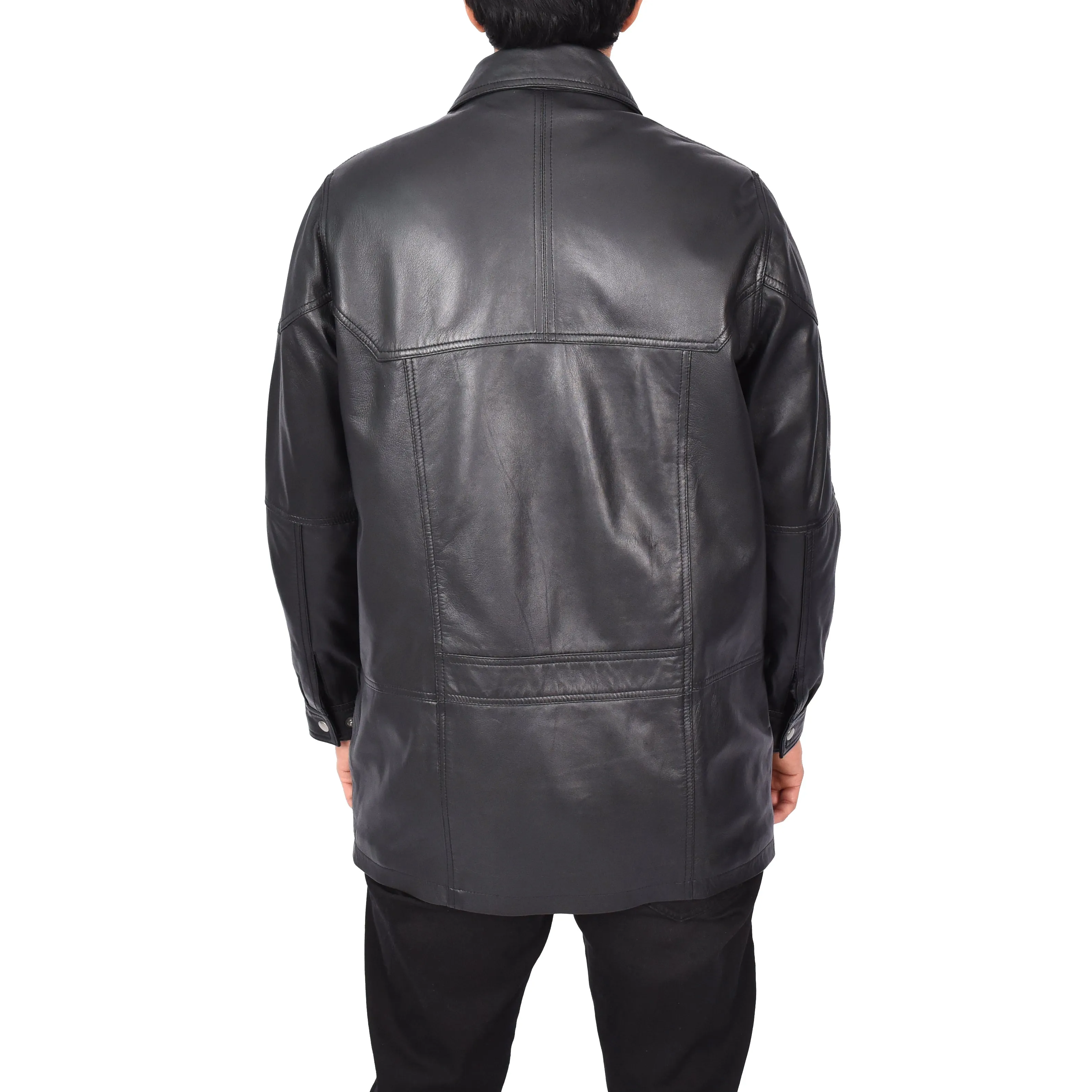 Men’s Genuine Leather Parka Overcoat Gents Car Coat Black Aric