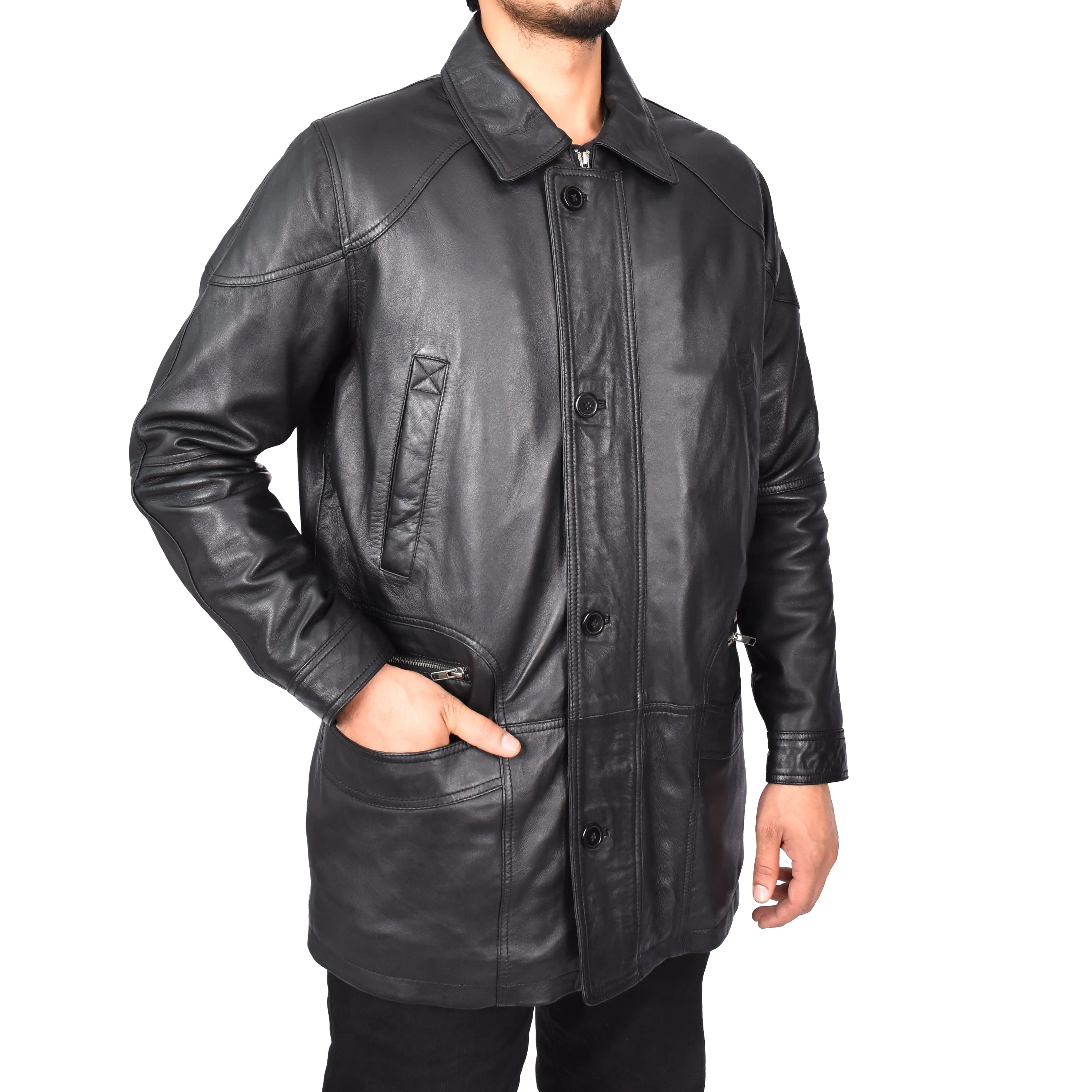 Men’s Genuine Leather Parka Overcoat Gents Car Coat Black Aric
