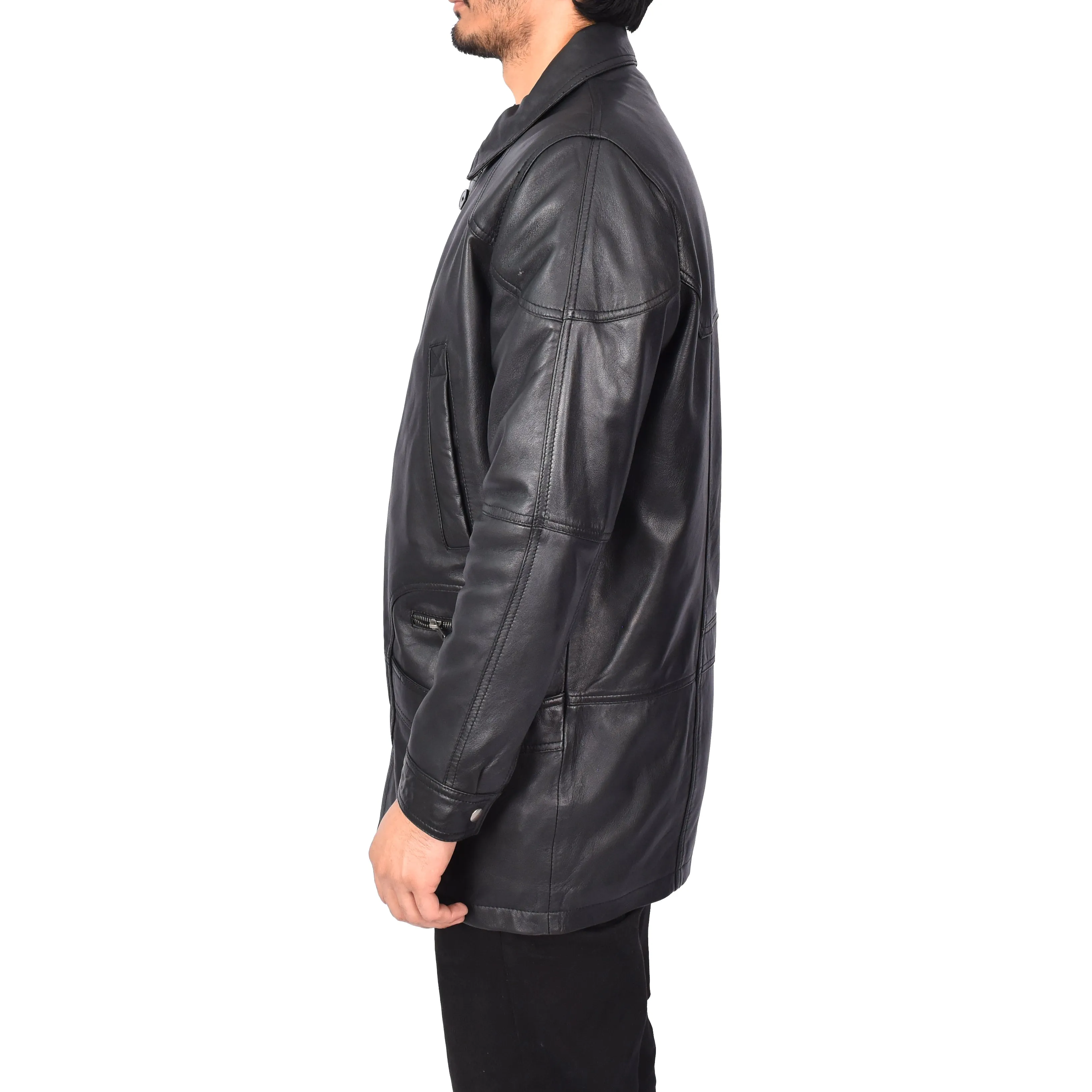 Men’s Genuine Leather Parka Overcoat Gents Car Coat Black Aric