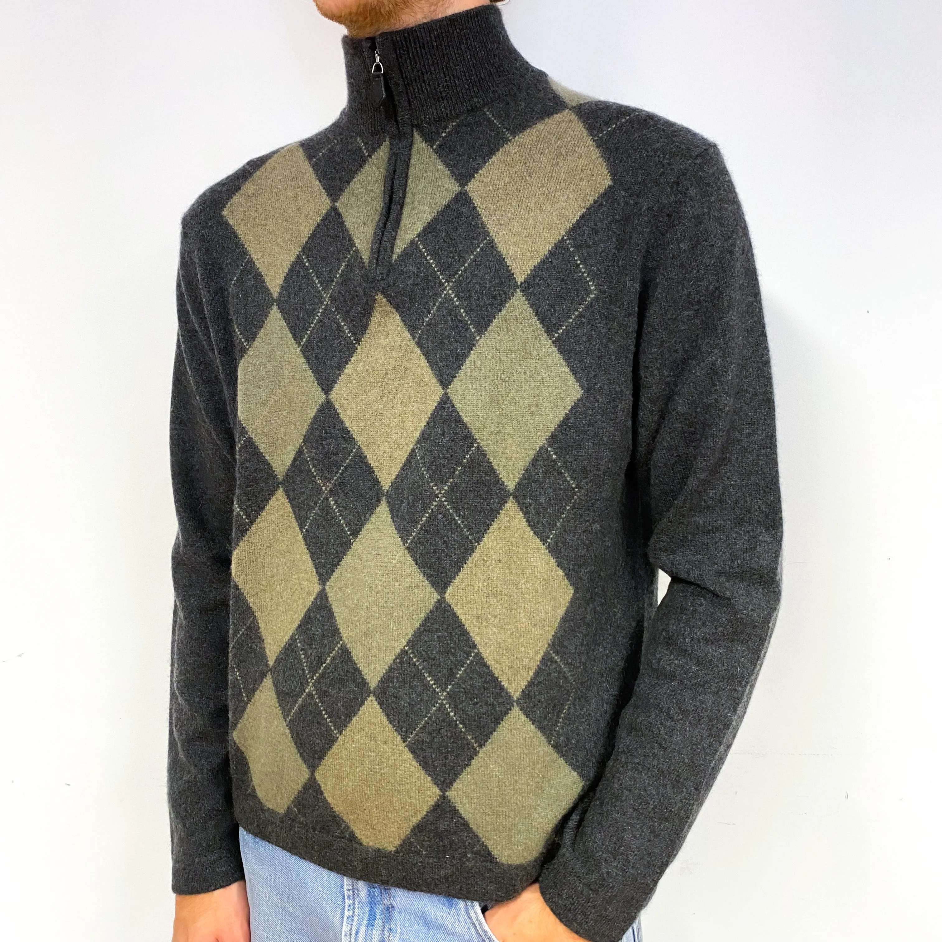 Men's Grey Green Argyle Cashmere Quarter Zip Jumper Medium