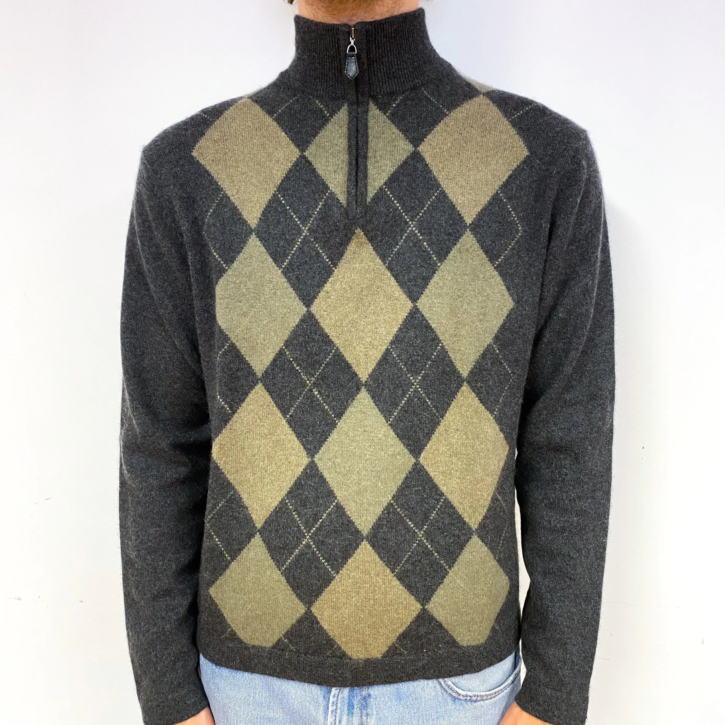 Men's Grey Green Argyle Cashmere Quarter Zip Jumper Medium