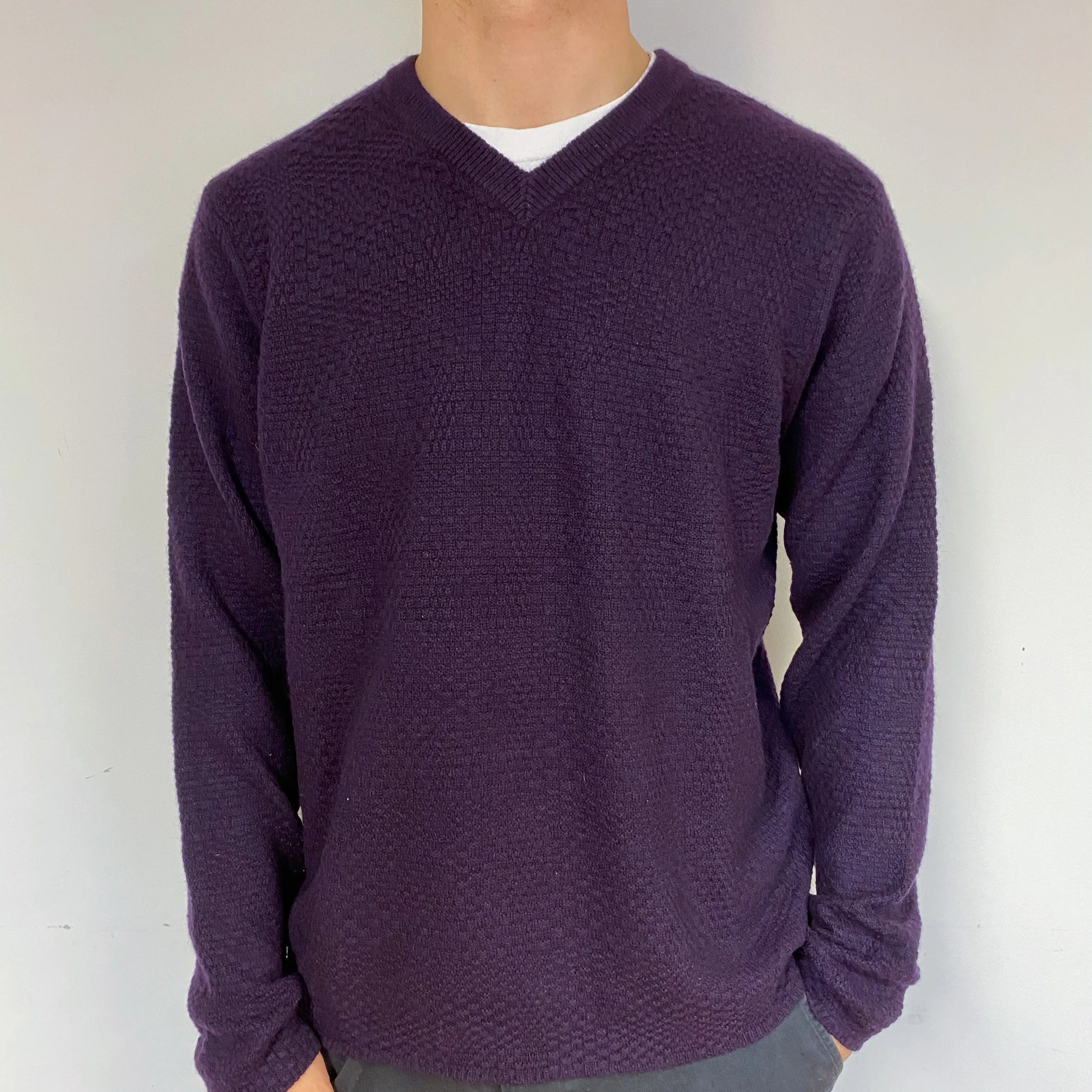 Men's Iris Purple Cashmere V-Neck Jumper Large