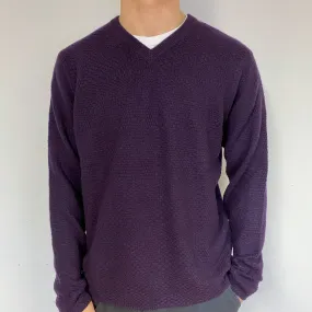 Men's Iris Purple Cashmere V-Neck Jumper Large