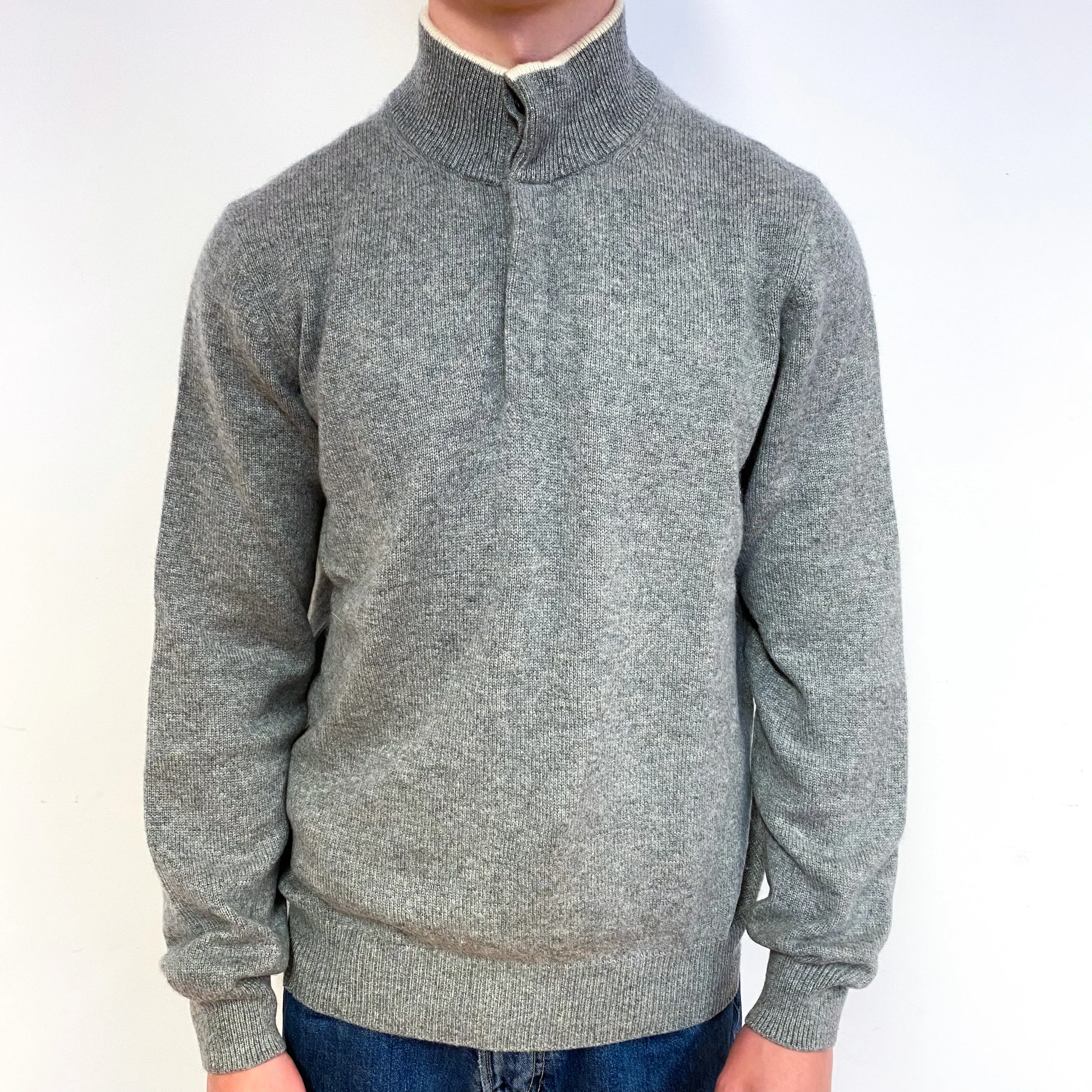 Men's Italian Ash Grey Cashmere 1/4 Button Jumper Small
