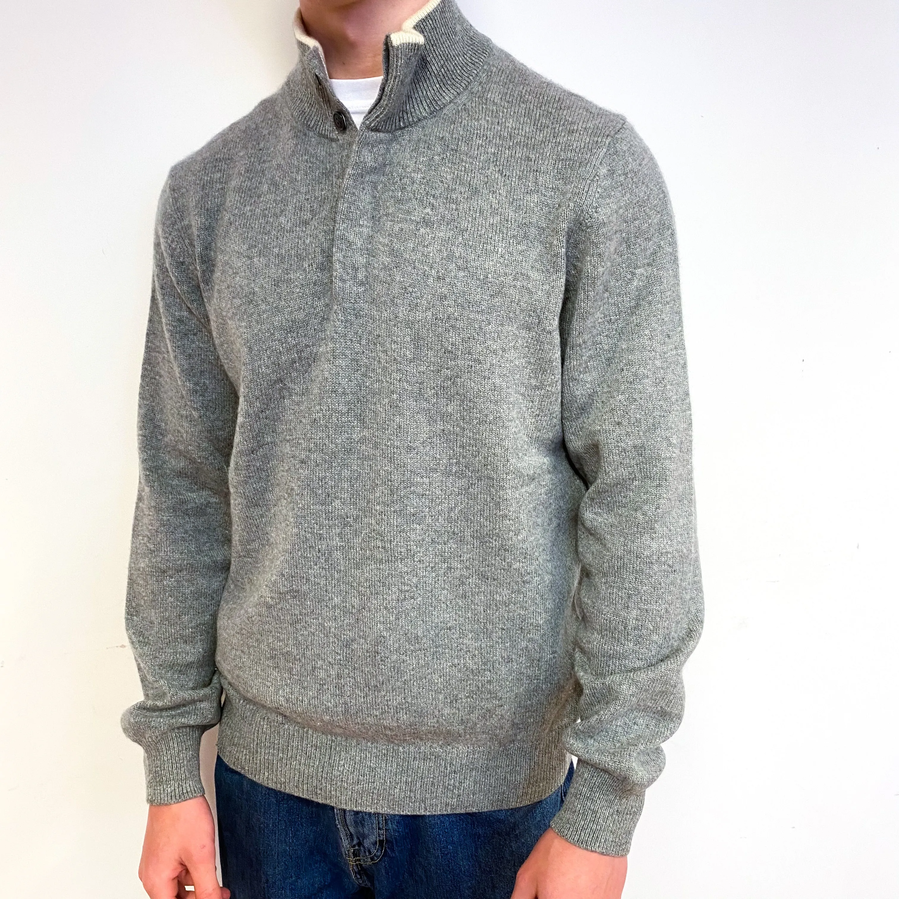 Men's Italian Ash Grey Cashmere 1/4 Button Jumper Small