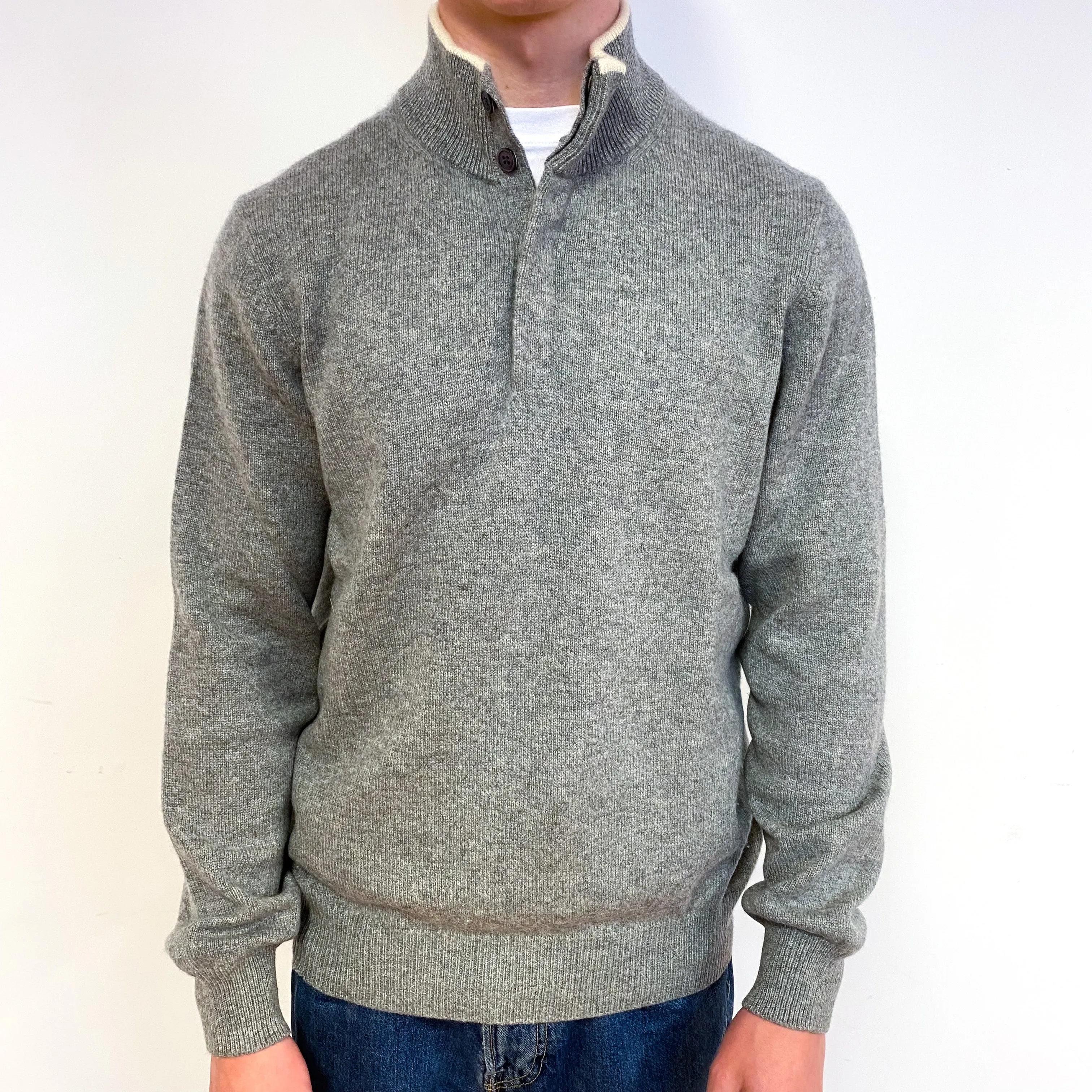 Men's Italian Ash Grey Cashmere 1/4 Button Jumper Small