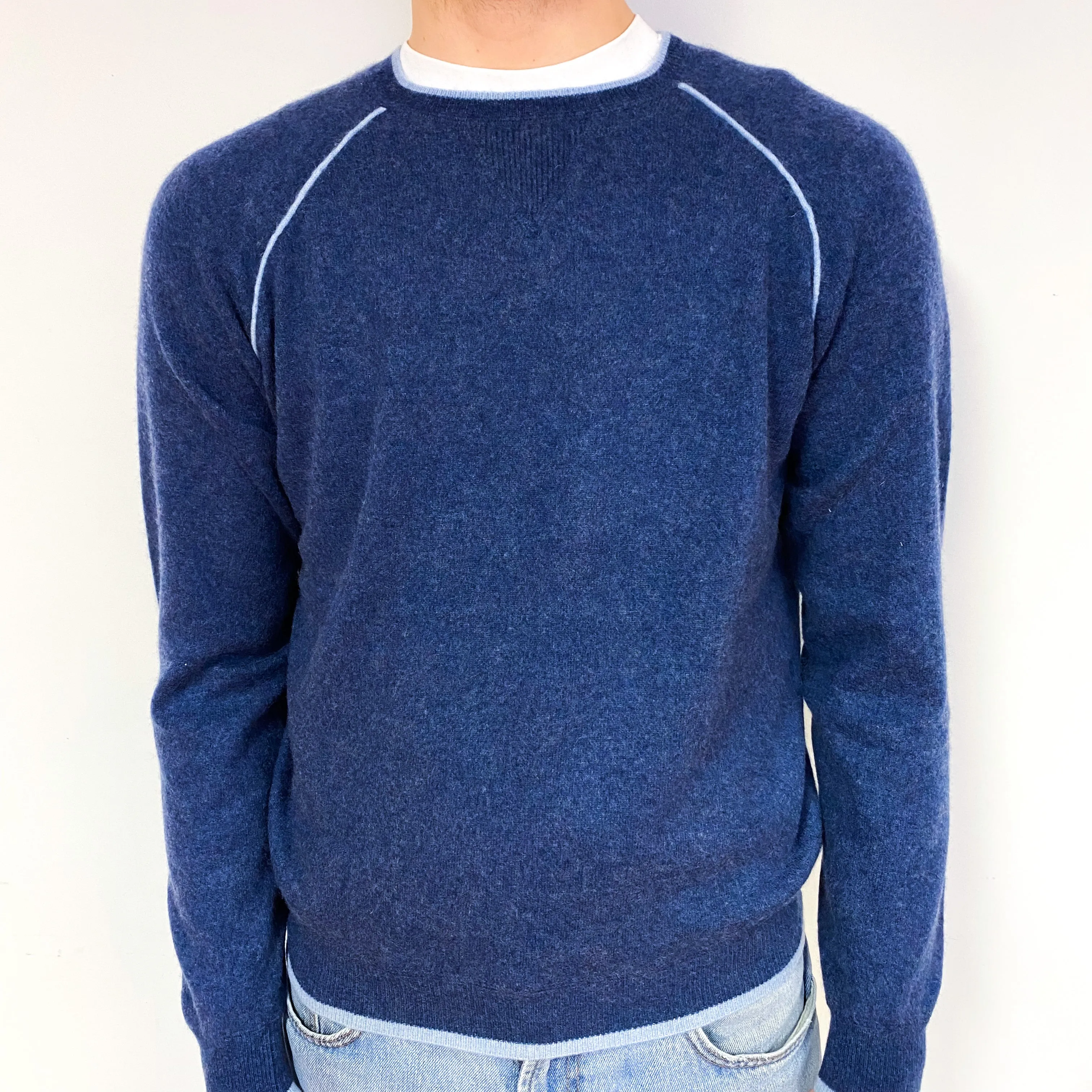Men's Naval Blue Contrast Cashmere Crew Neck Jumper Large