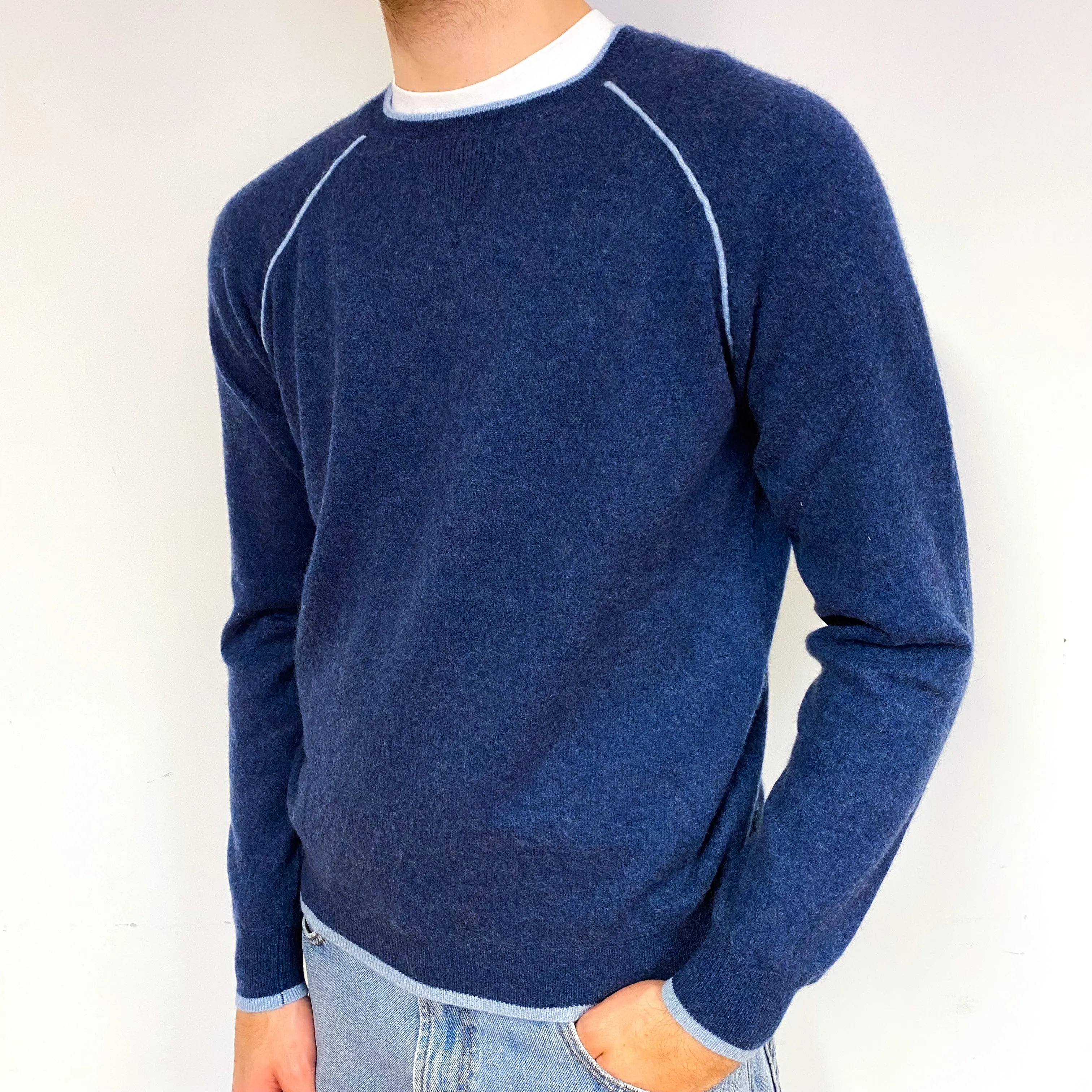 Men's Naval Blue Contrast Cashmere Crew Neck Jumper Large